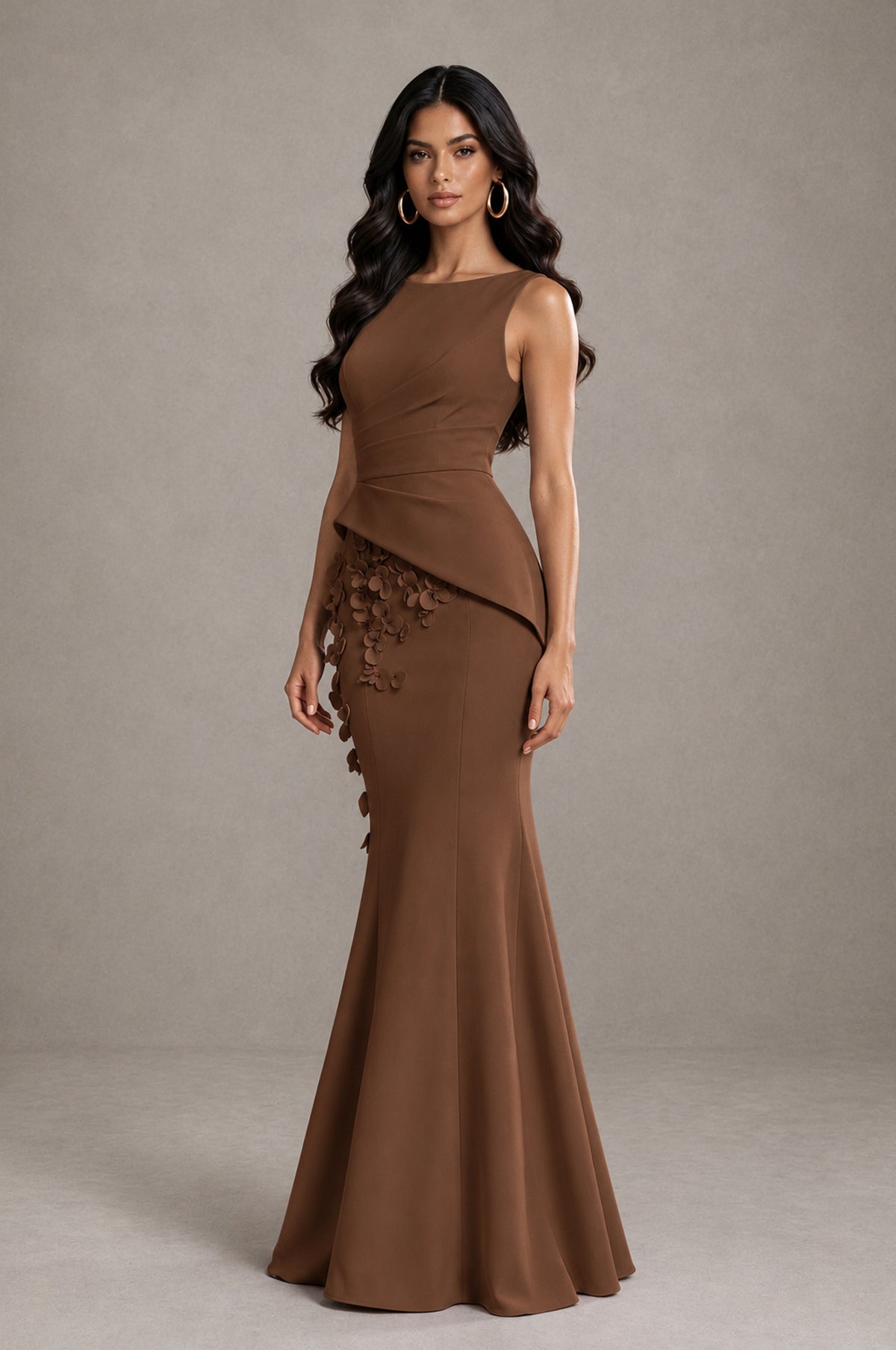 BOLODOO Brown Bateau Neck Sleeveless Asymmetric Peplum 3D Petal Appliqué Mermaid Gown BD0421 - Brown - Brown_3
