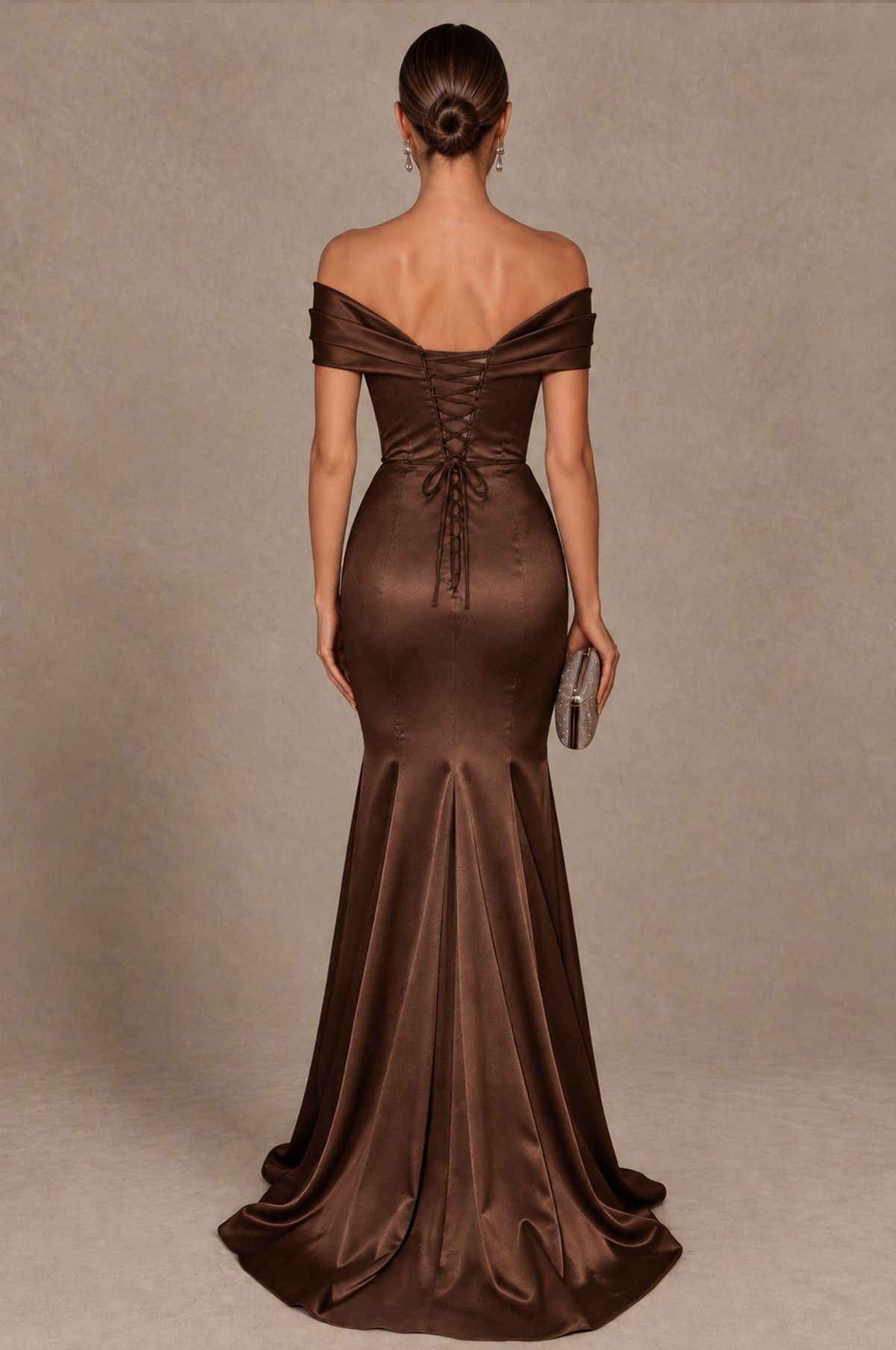 BOLODOO Brown Off-the-Shoulder Ruched Satin Mermaid Evening Dress - Brown - Brown_3