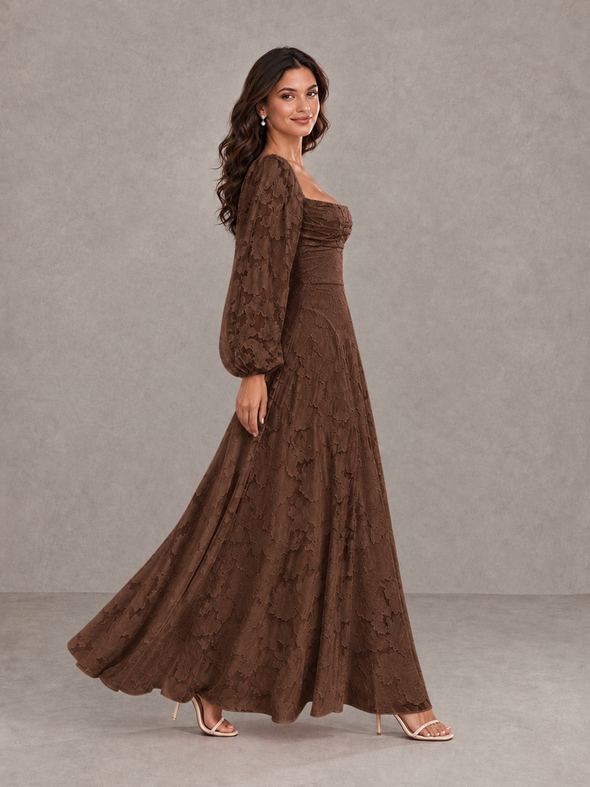 BOLODOO Brown Floral Long Sleeve A-Line Bridesmaid Dress - Brown - Brown_3