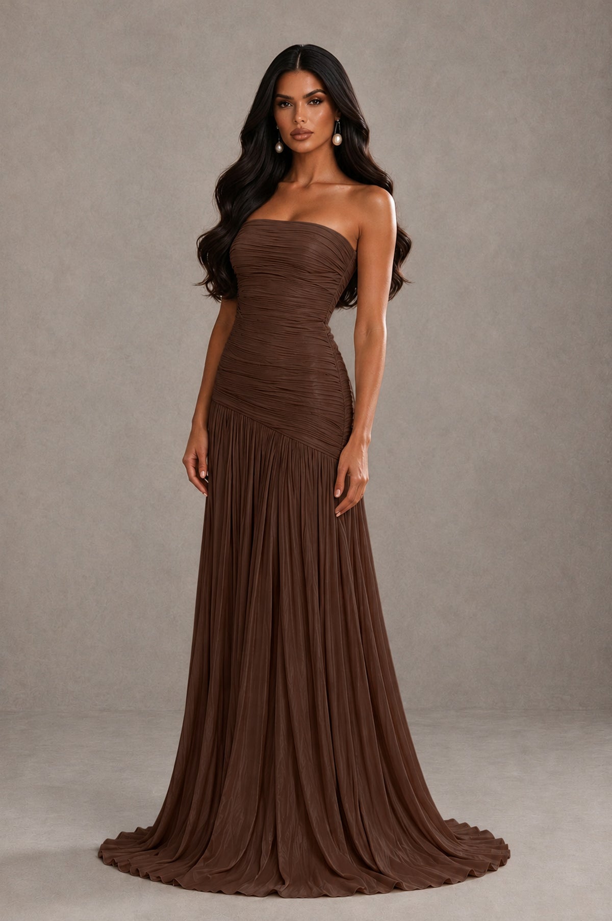 BOLODOO Brown Metallic Ruched Strapless Pleated A-Line Backless Maxi Dress with Train - Brown - Brown_3