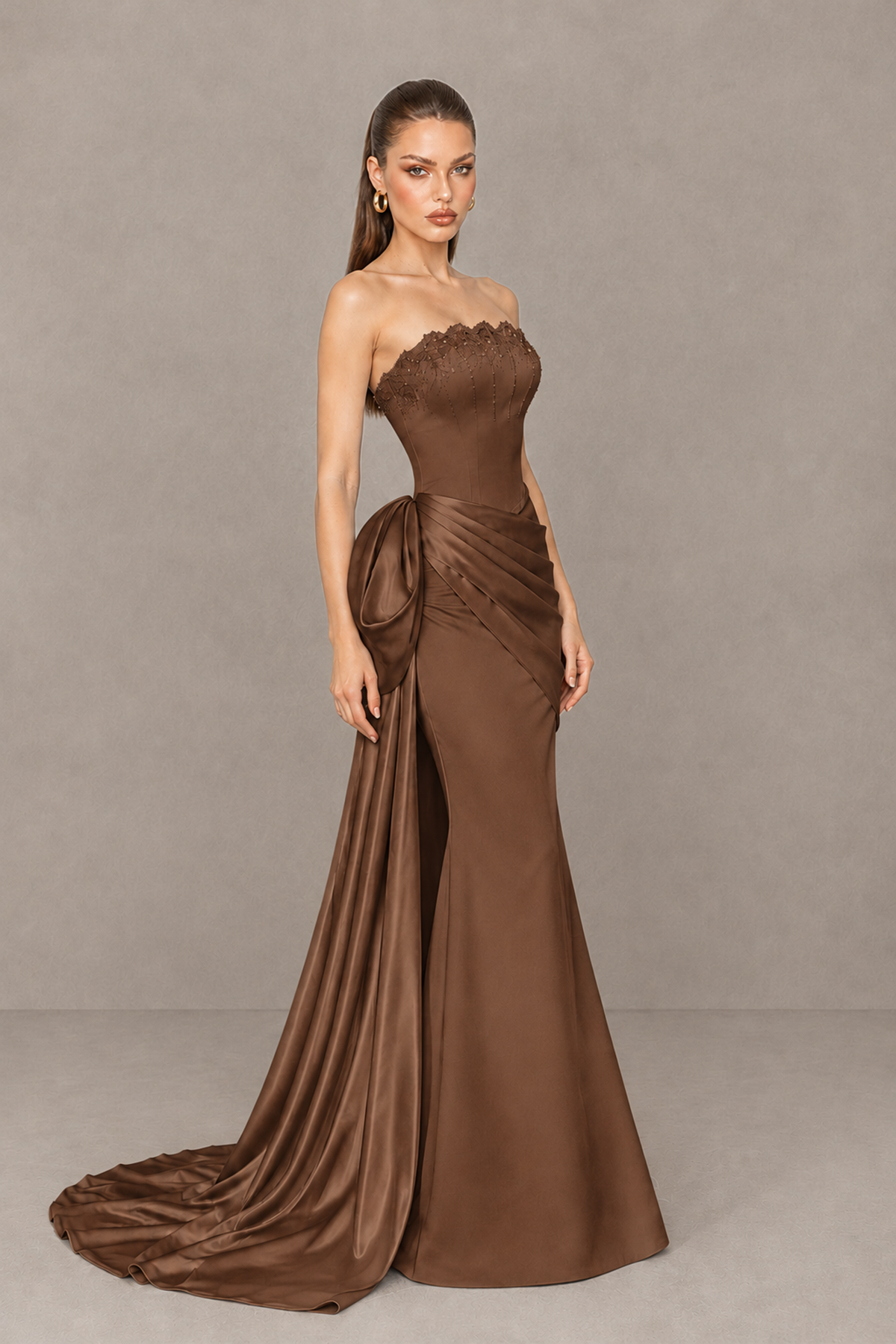 BOLODOO Brown Strapless Satin Prom Dress with Draped Side Train - Brown - Brown_3