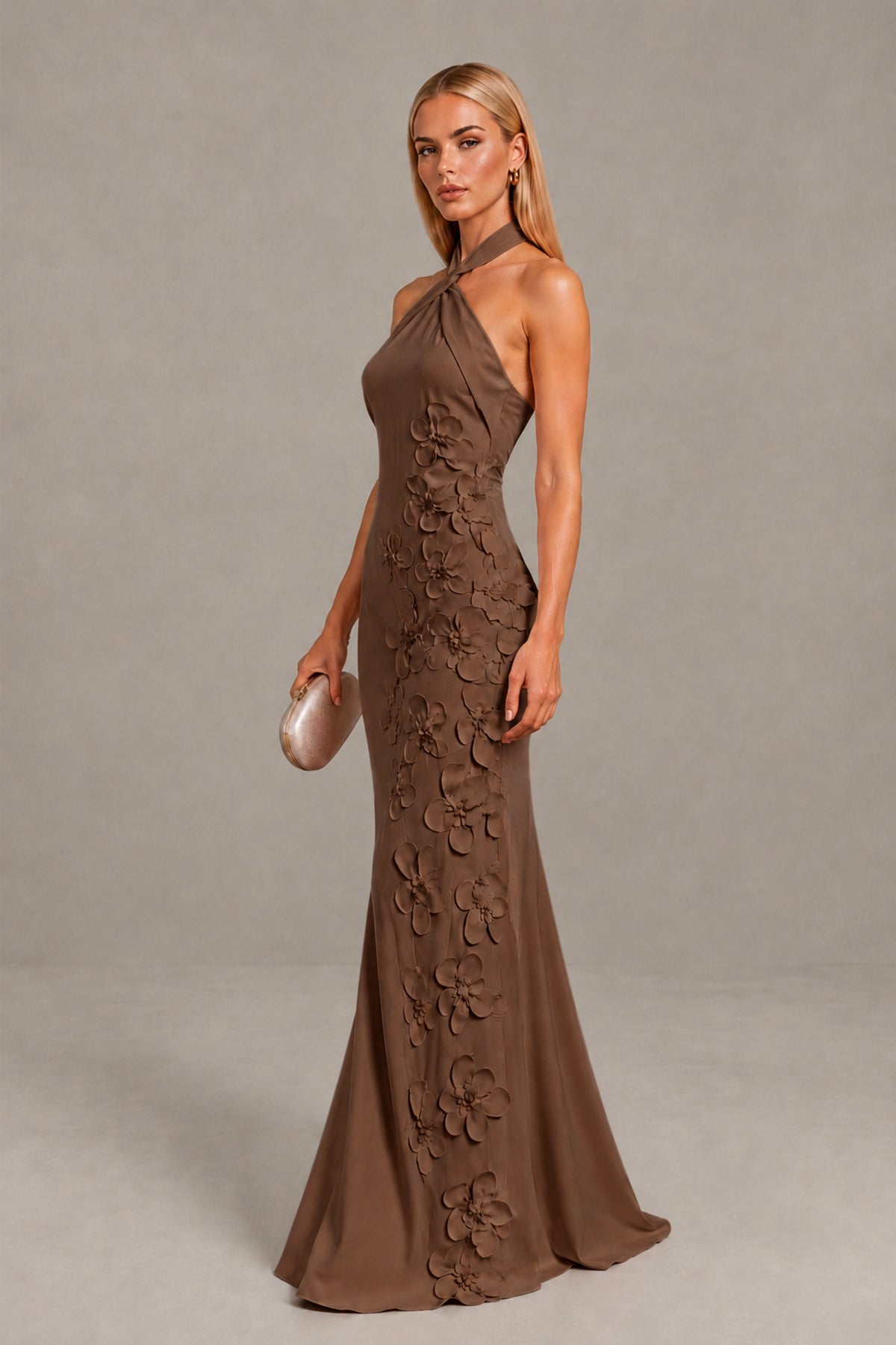 BOLODOO Brown Cross Halter Neck 3D Floral Appliqué Backless Mermaid Maxi Gown - Brown - Brown_3