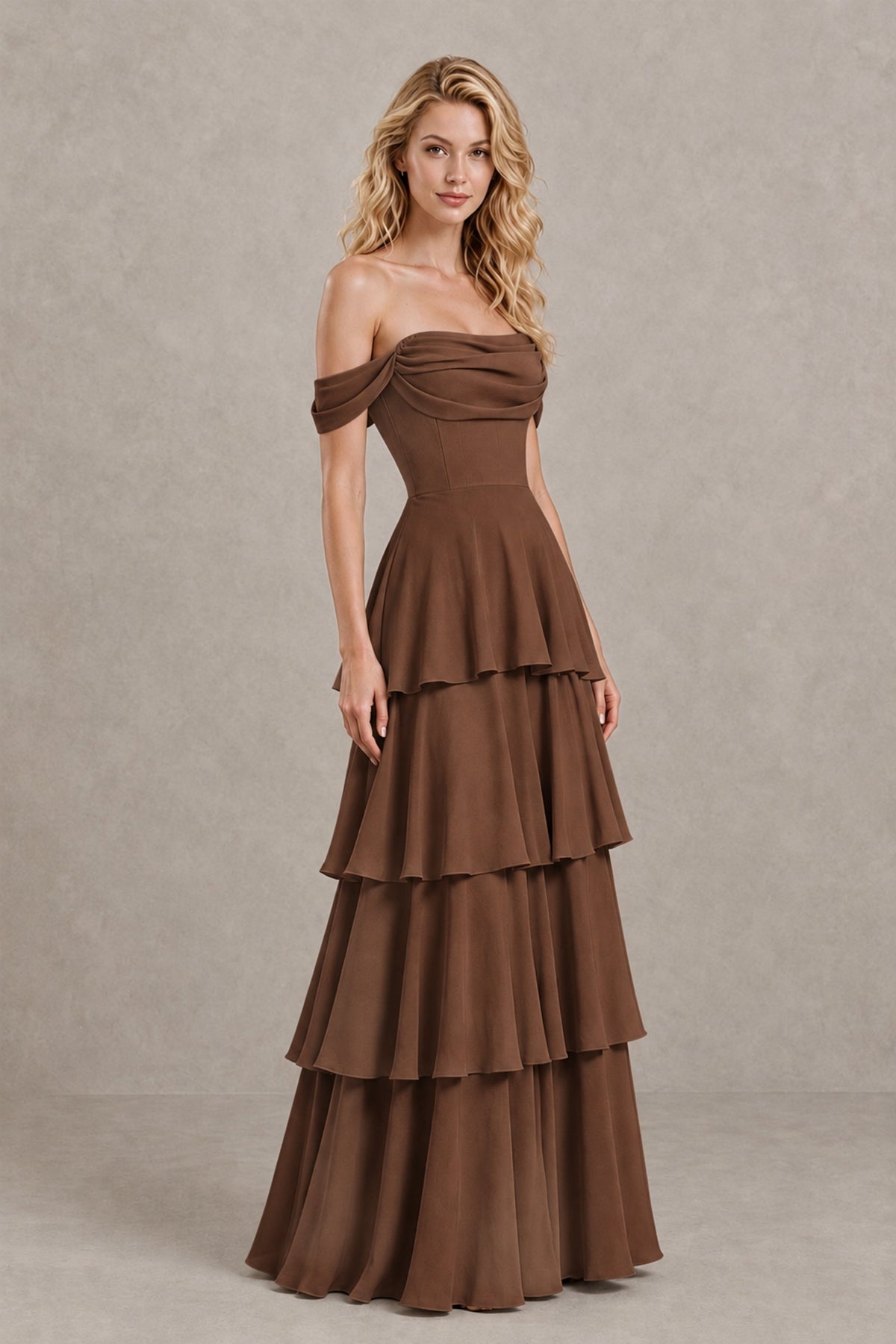 BOLODOO Brown Off-the-Shoulder Tiered A-Line Evening Bridesmaid Dress - Brown - Brown_3