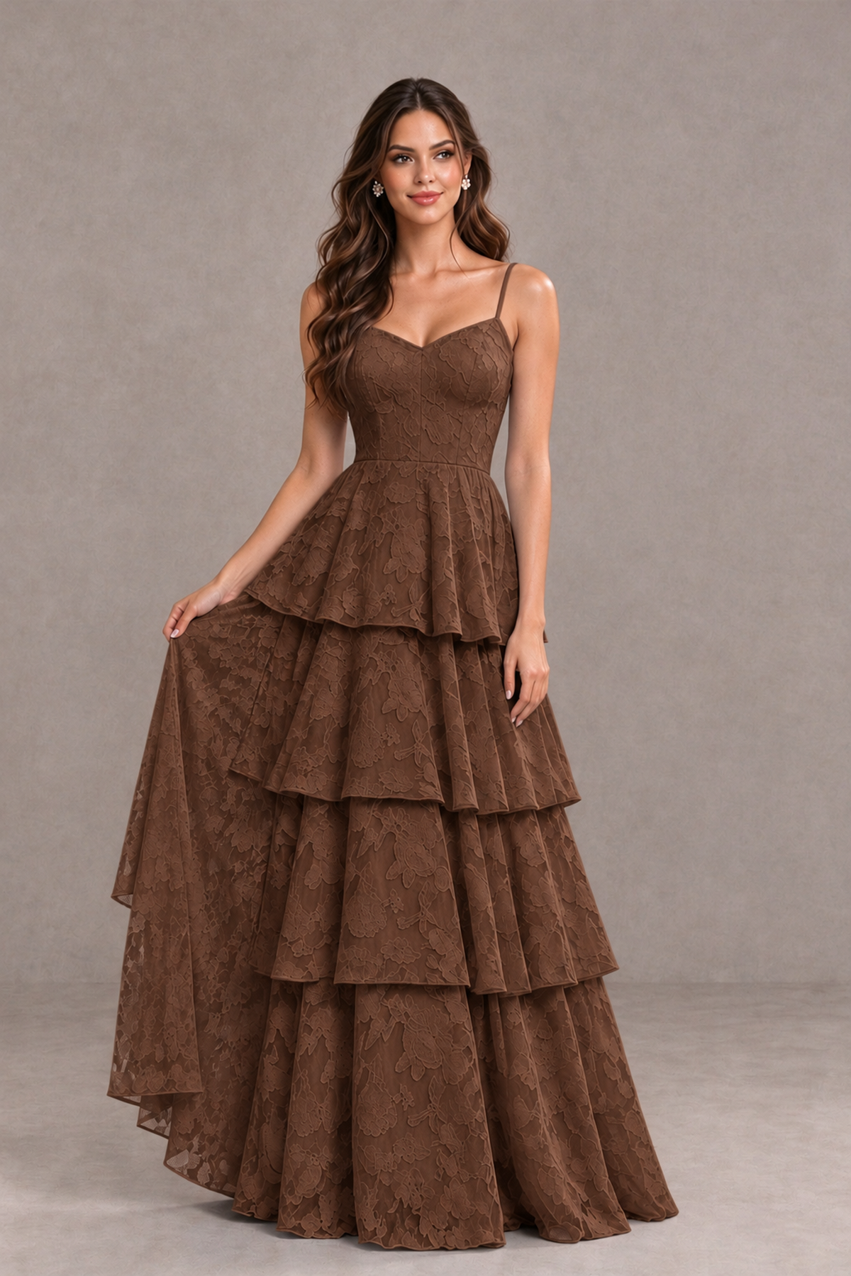 BOLODOO Brown Tiered Floral-Textured Spaghetti Strap Maxi Dress - Brown - Brown_3