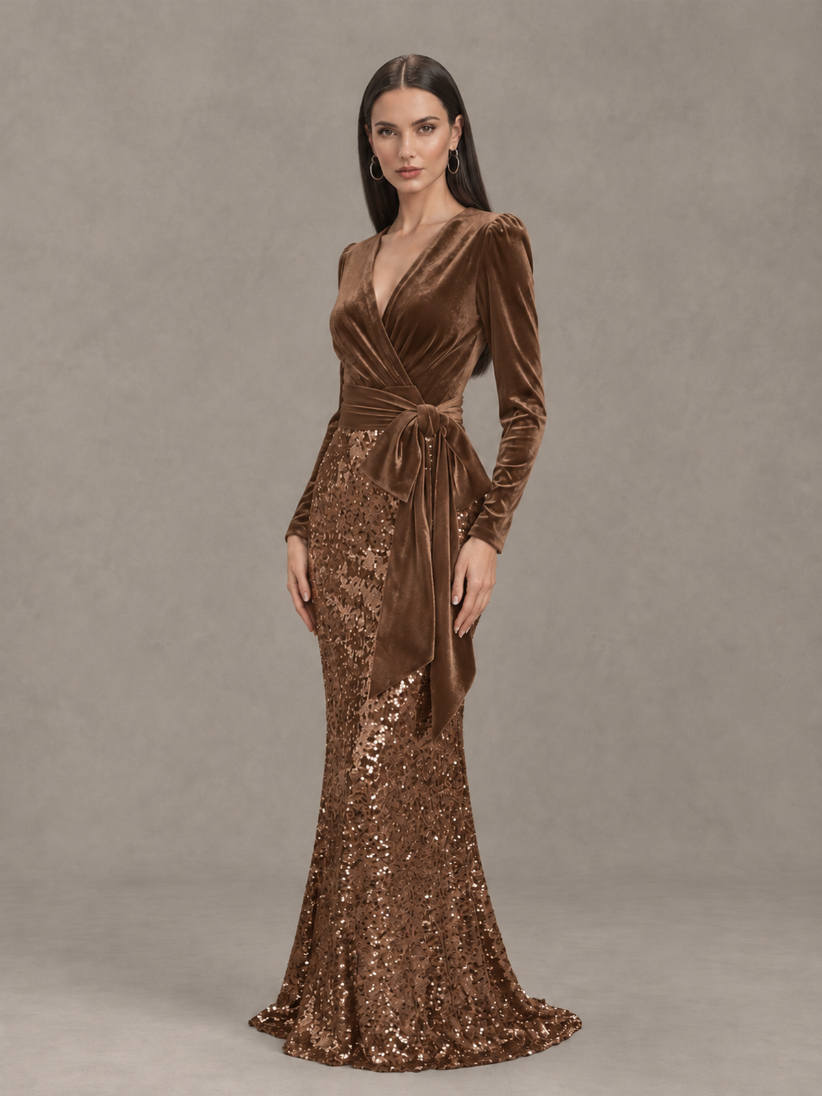 BOLODOO Brown Velvet & Sequin Long Sleeve V-Neck Mermaid Evening Gown - Brown - Brown_3
