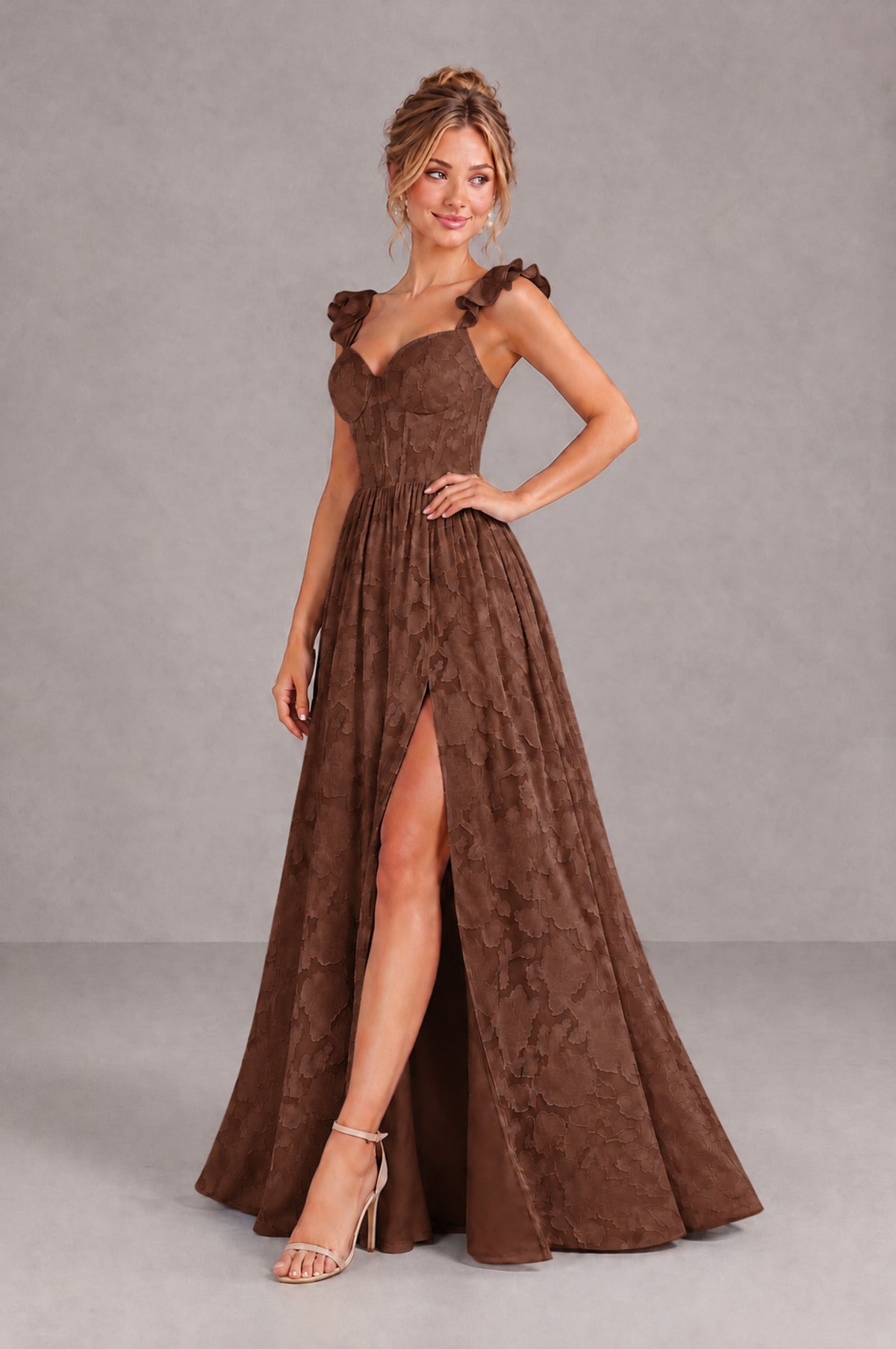 BOLODOO Brown Floral A-Line Bridesmaid Dress with Slit Ruffle Straps Maxi Gown - Brown - Brown_3