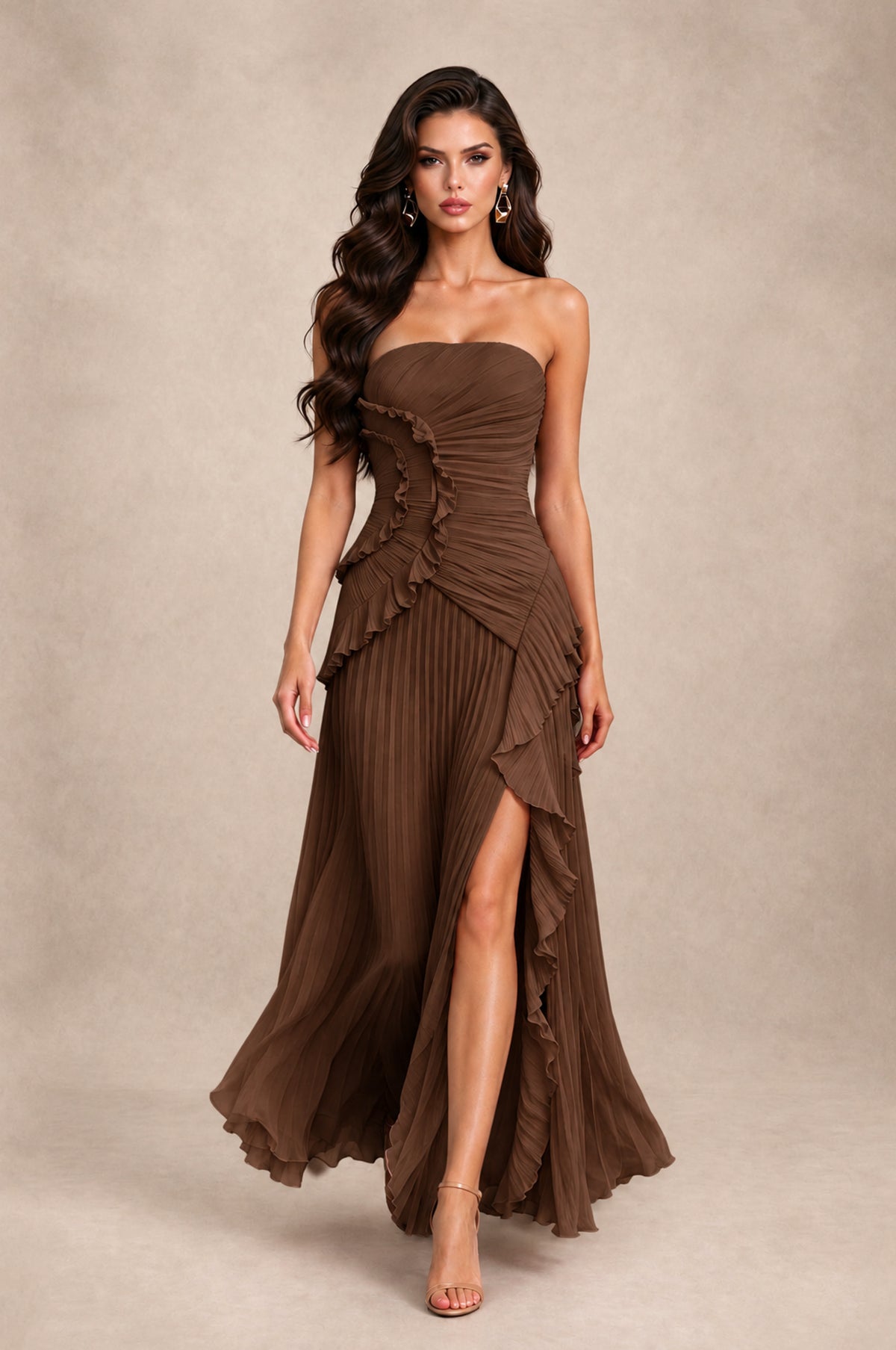 BOLODOO Brown Strapless Ruffle Pleated Slit Evening Gown - Brown - Brown_3