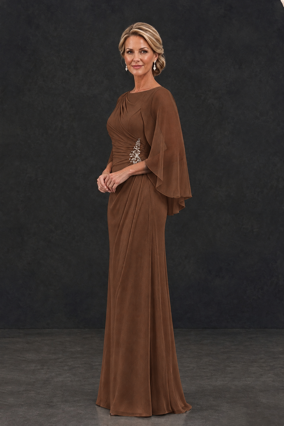 BOLODOO Brown Cape Sleeve Mother of the Bride Dress with Ruched Waist - Brown - Brown_3