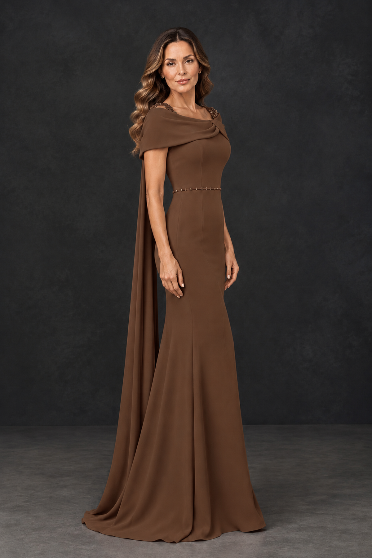 BOLODOO Brown Mother of the Bride Dress with Draped Cape Detail - Brown - Brown_3