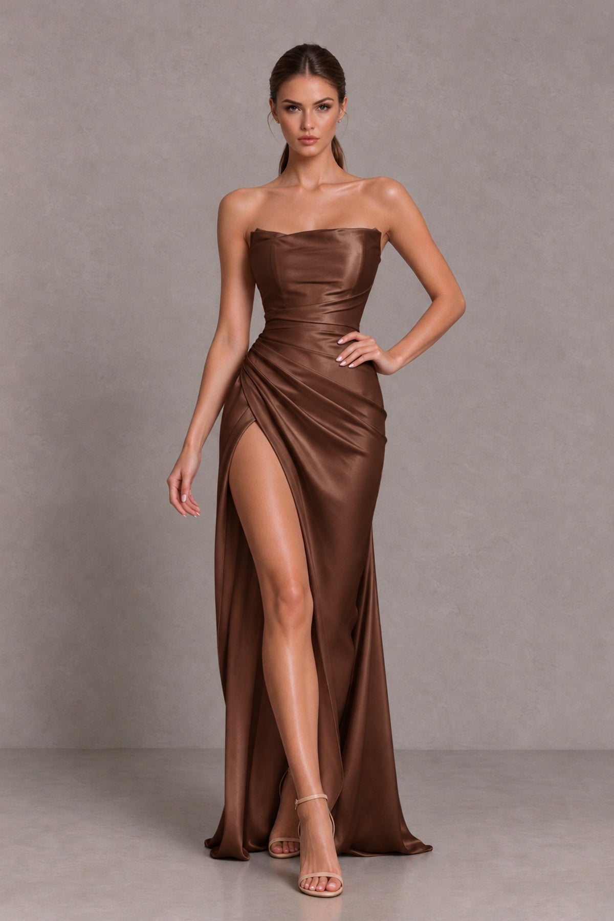 BOLODOO Brown Strapless Ruched Satin-Look Evening Dress with High Slit - Brown - Brown_3