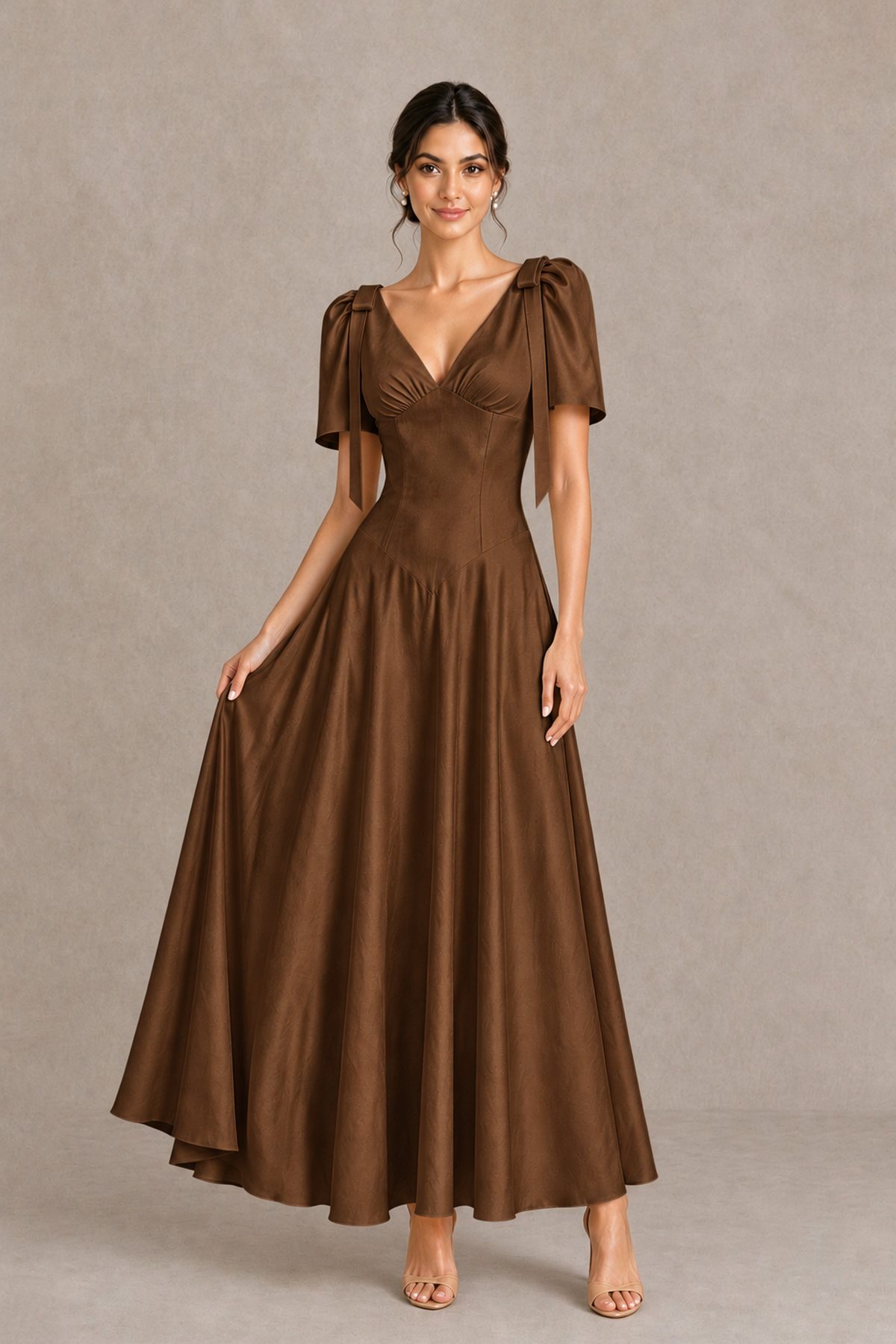 BOLODOO Brown V-Neck Short Sleeve Satin-Look Bridesmaid Dress with Shoulder Bows - Brown - Brown_3