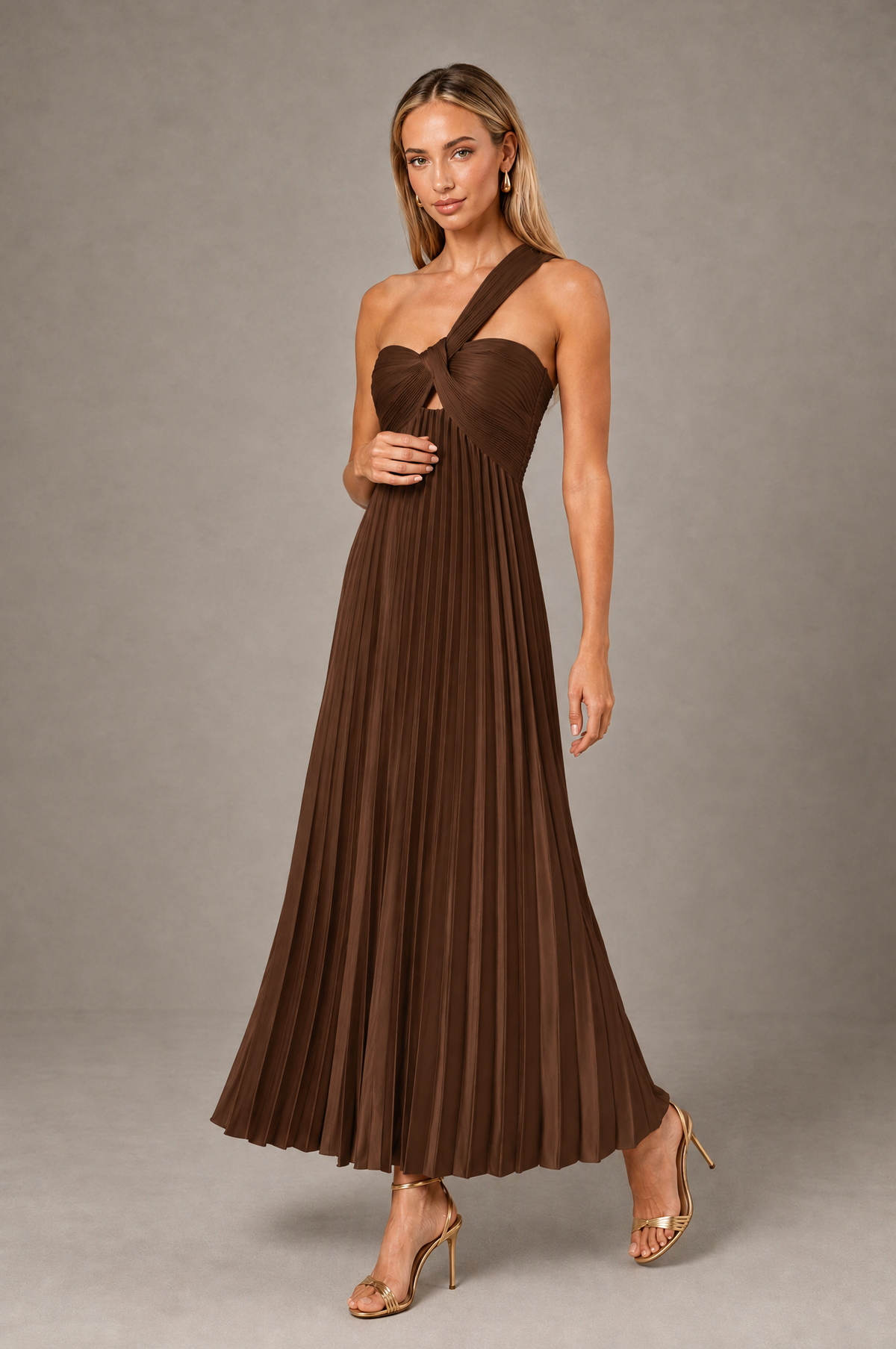 BOLODOO Brown One-Shoulder Twist Knot Pleated Satin Midi Dress with Cutout - Brown - Brown_3