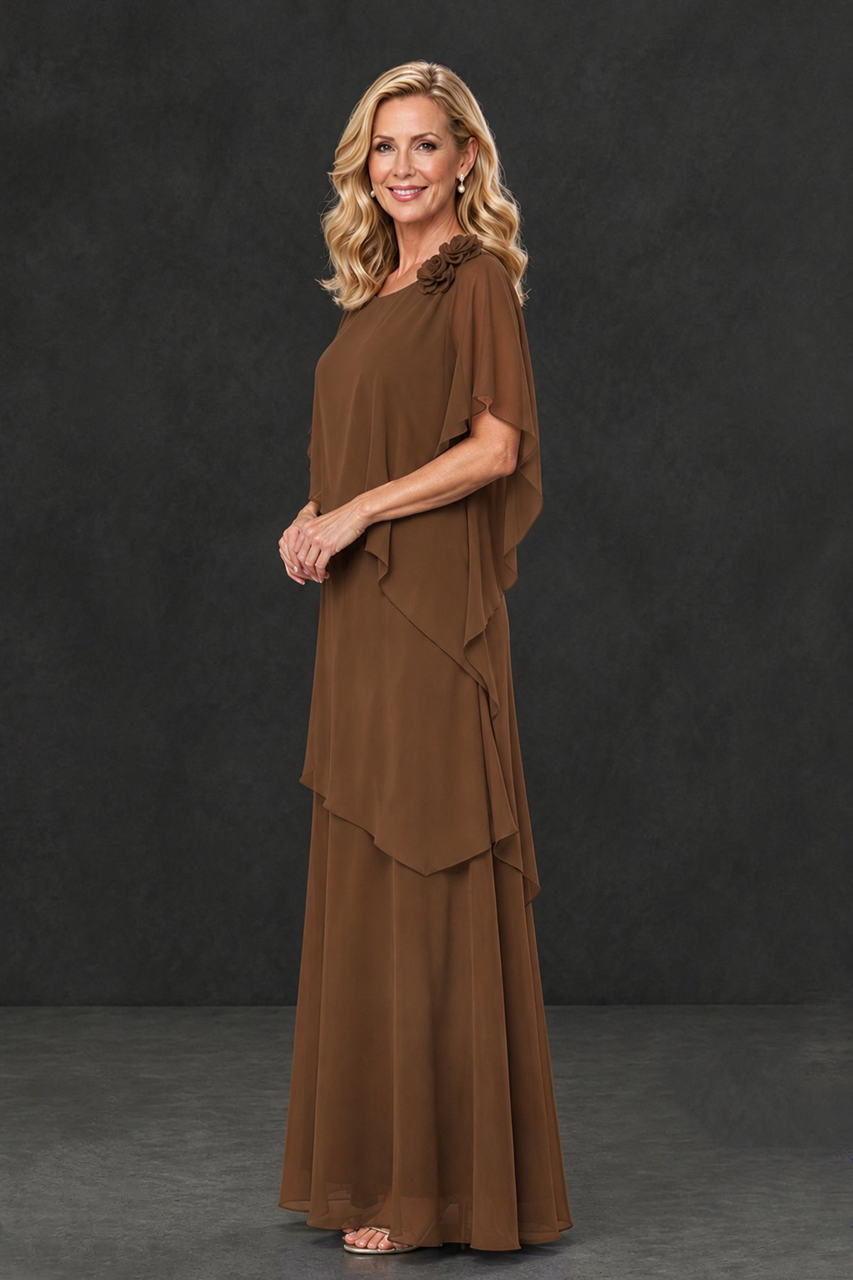 BOLODOO Brown Tiered Flutter Sleeve Mother of the Bride Maxi Dress - Brown - Brown_3