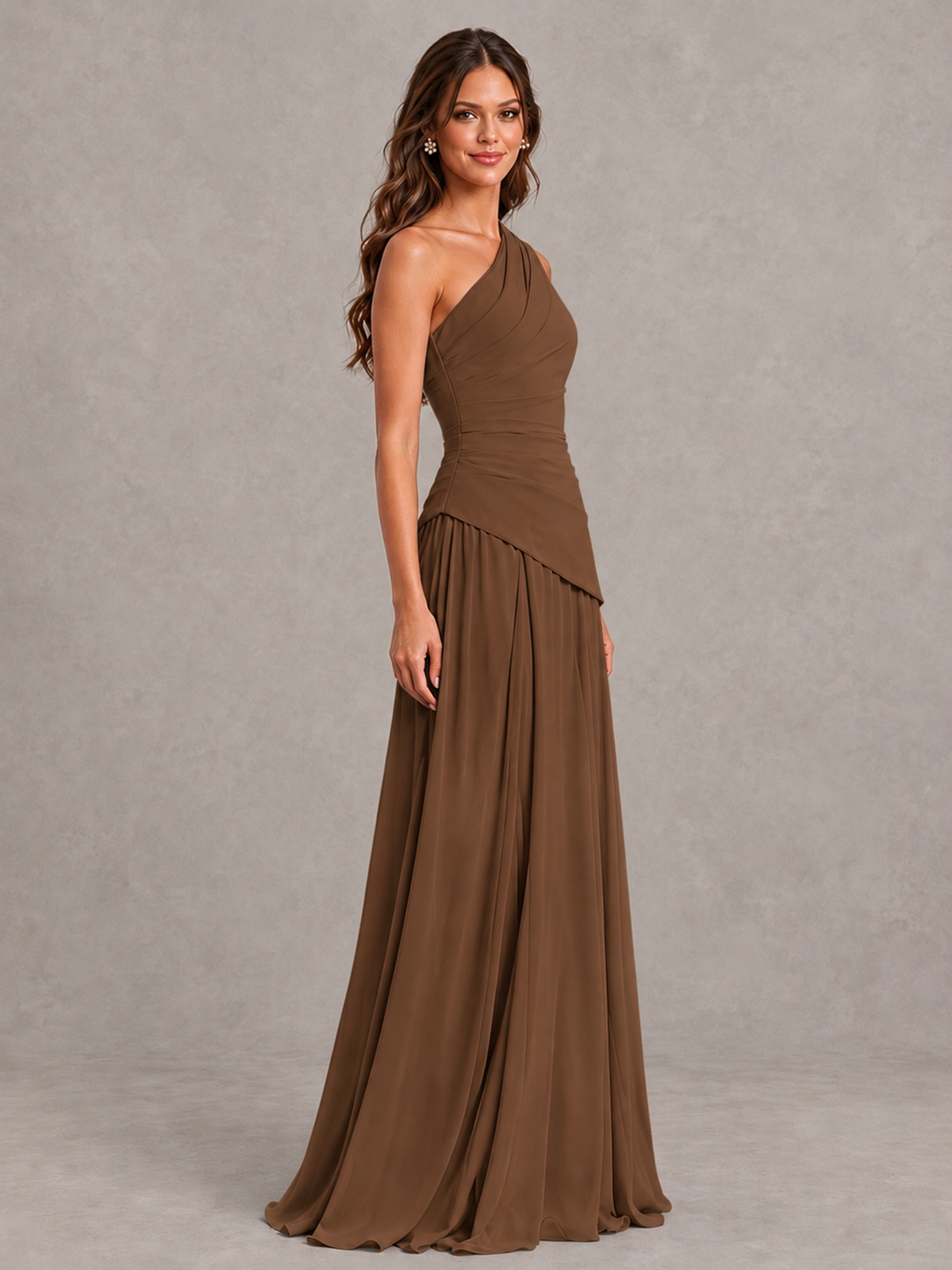BOLODOO Brown One-Shoulder Lace-Up Back Bridesmaid Dress - Brown - Brown_3