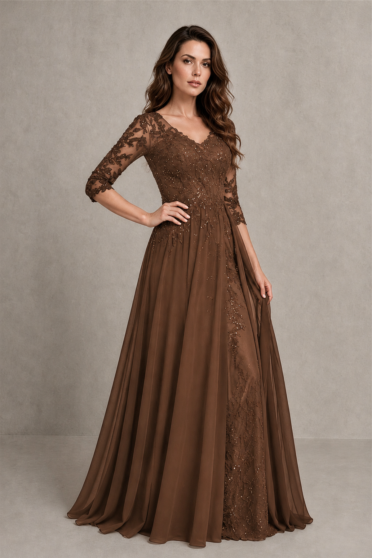 BOLODOO Midnight Brown Beaded Lace Appliqué Chiffon A-Line Gown | Mother of the Bride & Formal Evening Dress - Brown - Brown_3