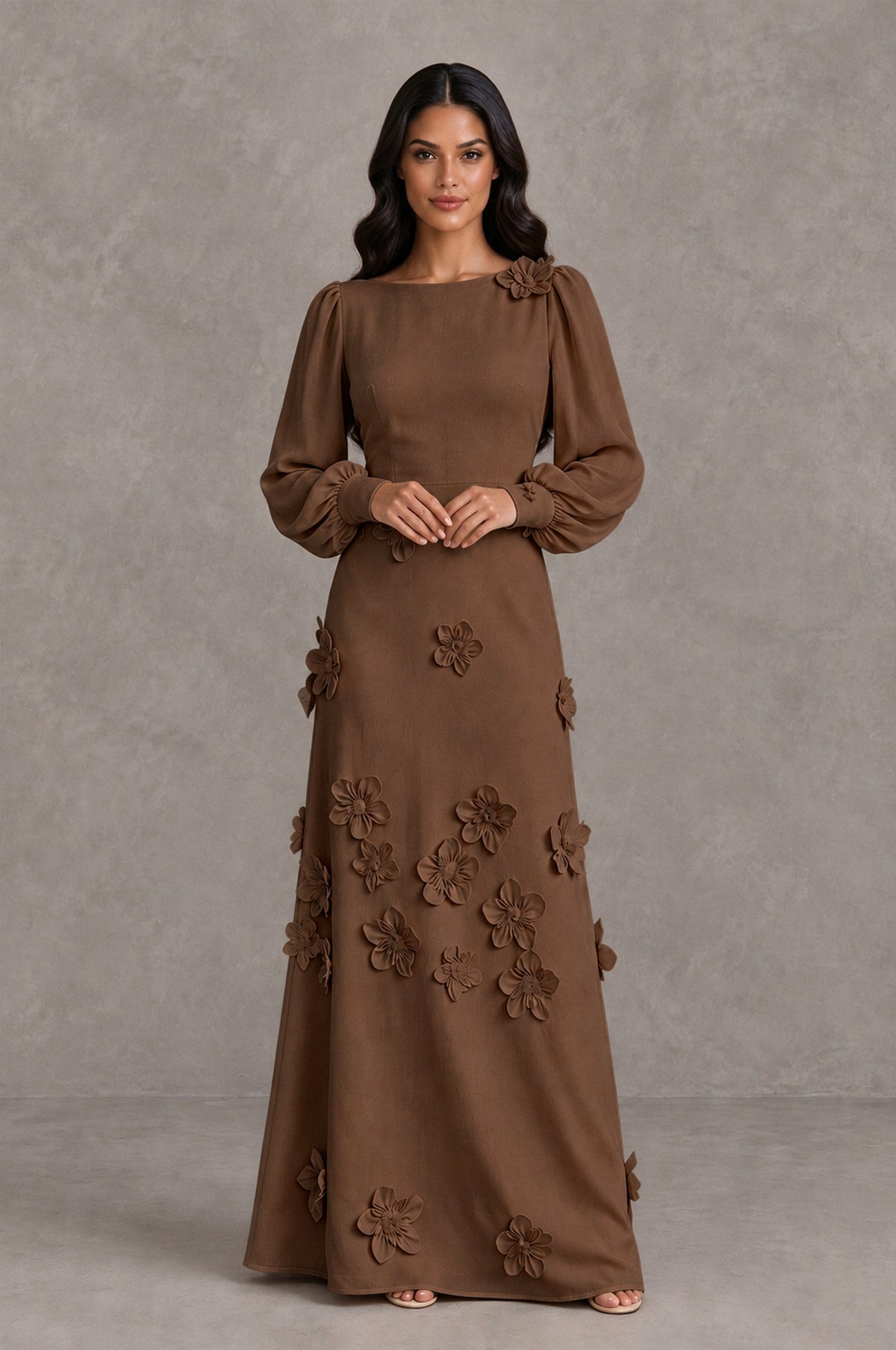 BOLODOO Brown Long Sleeve Floral Applique A-Line Evening Dress - Brown - Brown_3