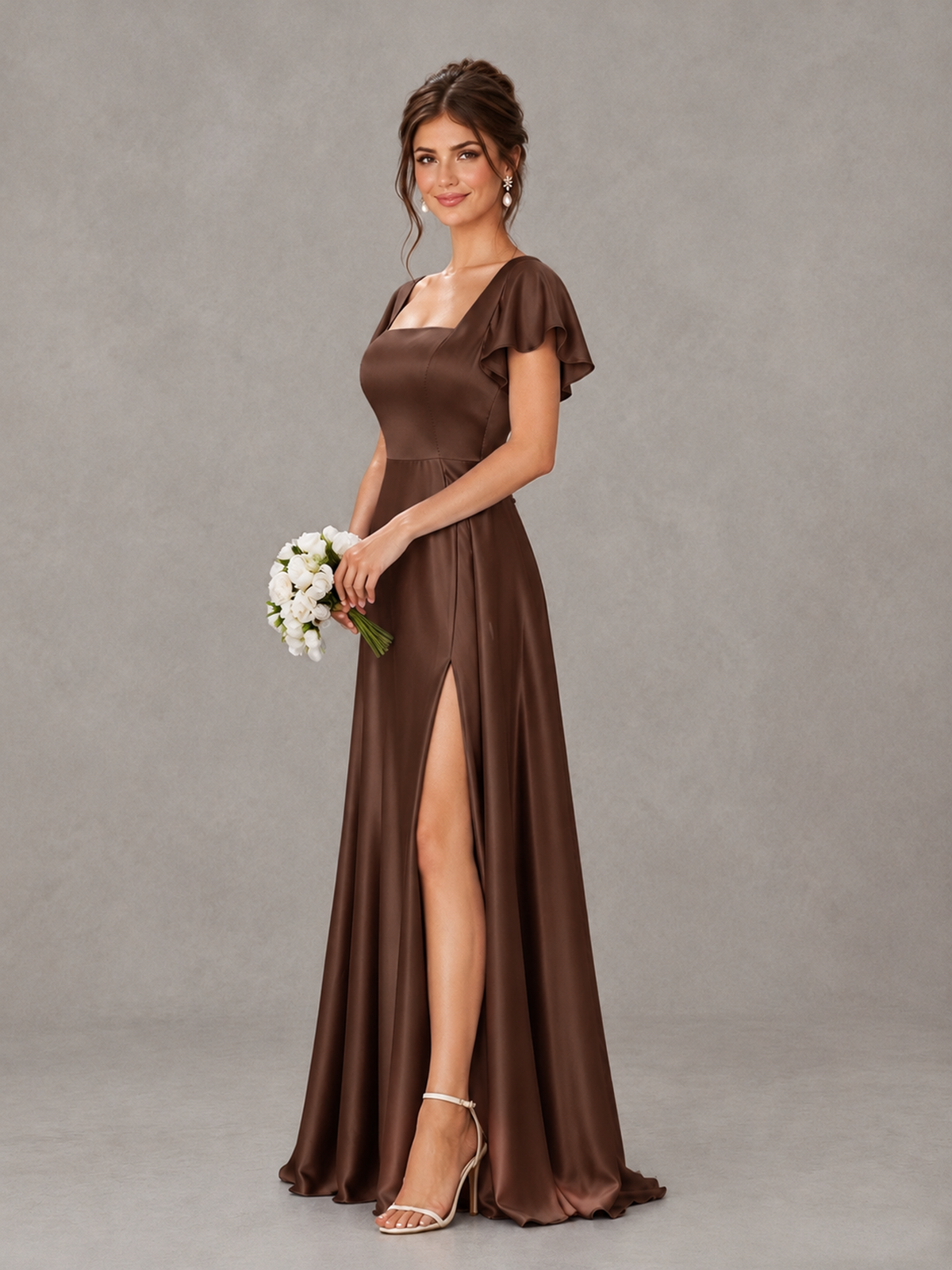 BOLODOO Brown Satin Square Neck Flutter Sleeve A-Line Bridesmaid Dress with Slit - Brown - Brown_3
