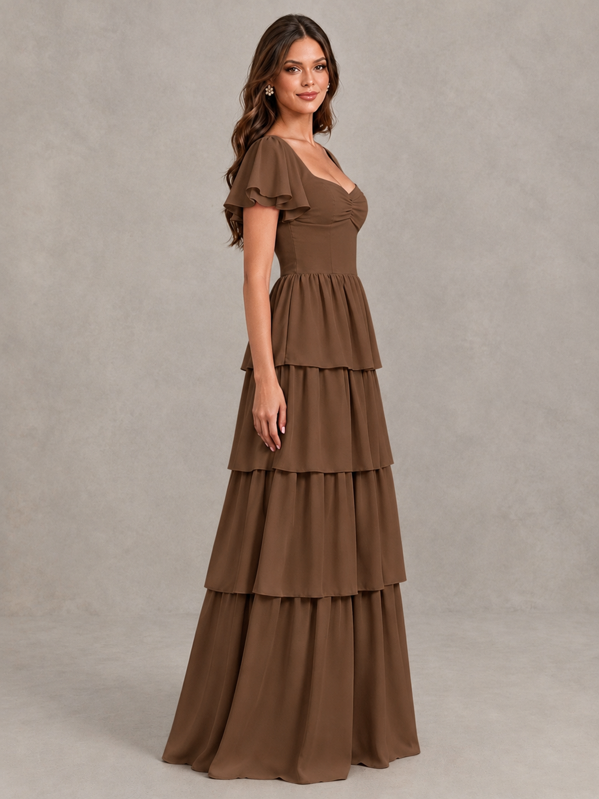 BOLODOO Brown Flutter Sleeve Tiered Maxi Bridesmaid Dress - Brown - Brown_3