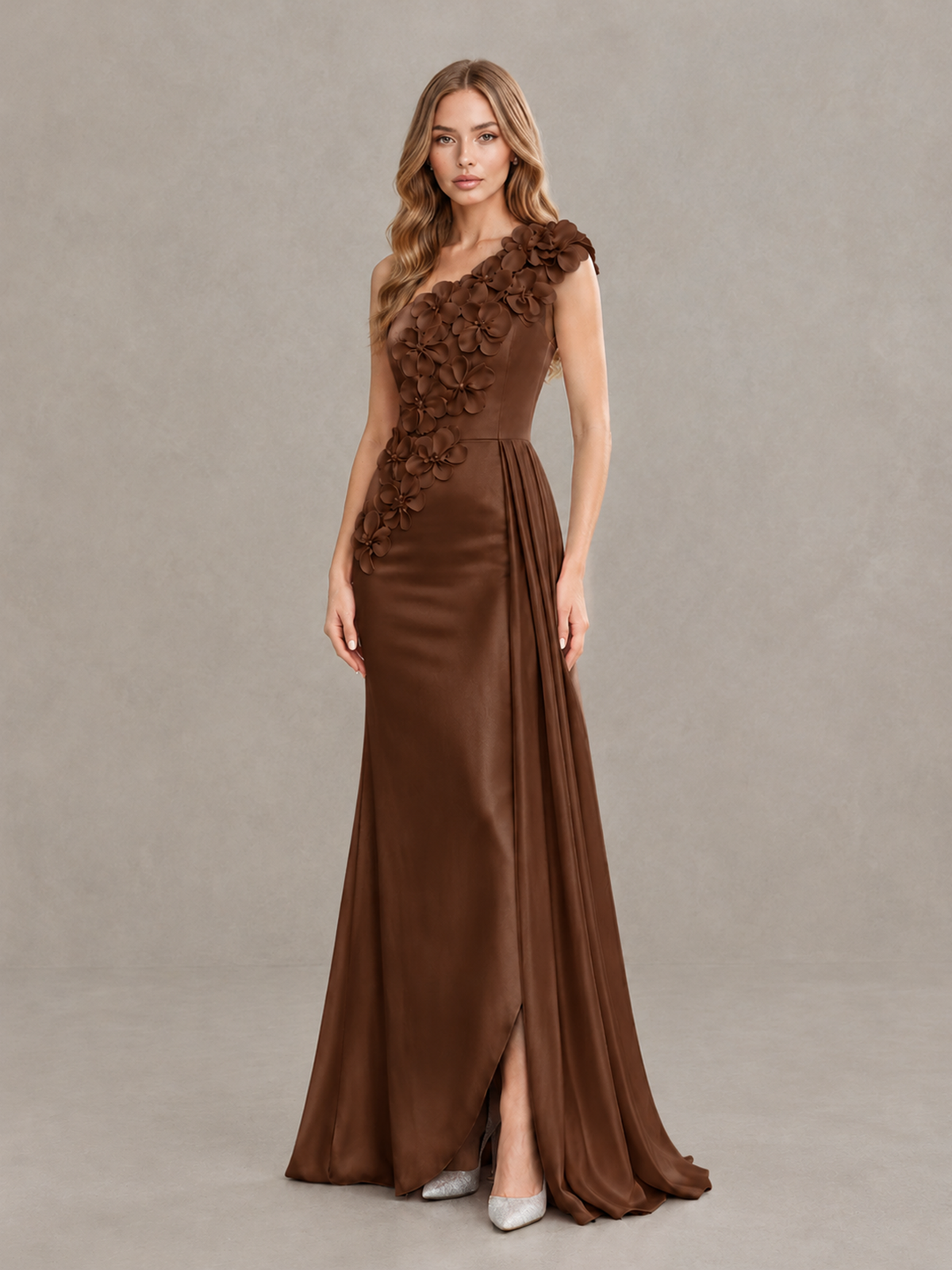 BOLODOO Brown One-Shoulder Satin Mermaid Evening Gown with 3D Floral Appliqué - Brown - Brown_3