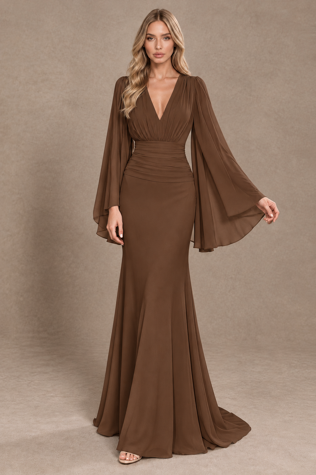 BOLODOO Brown Cape Sleeve V-Neck Ruched Chiffon Evening Dress - Brown - Brown_3
