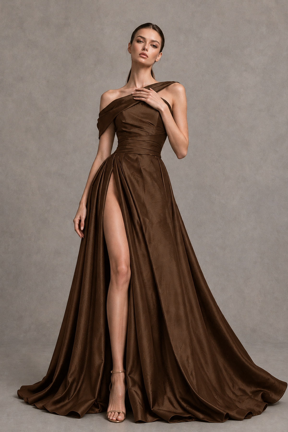 BOLODOO Brown Asymmetric Satin-Look A-Line Prom Dress with High Slit - Brown - Brown_3