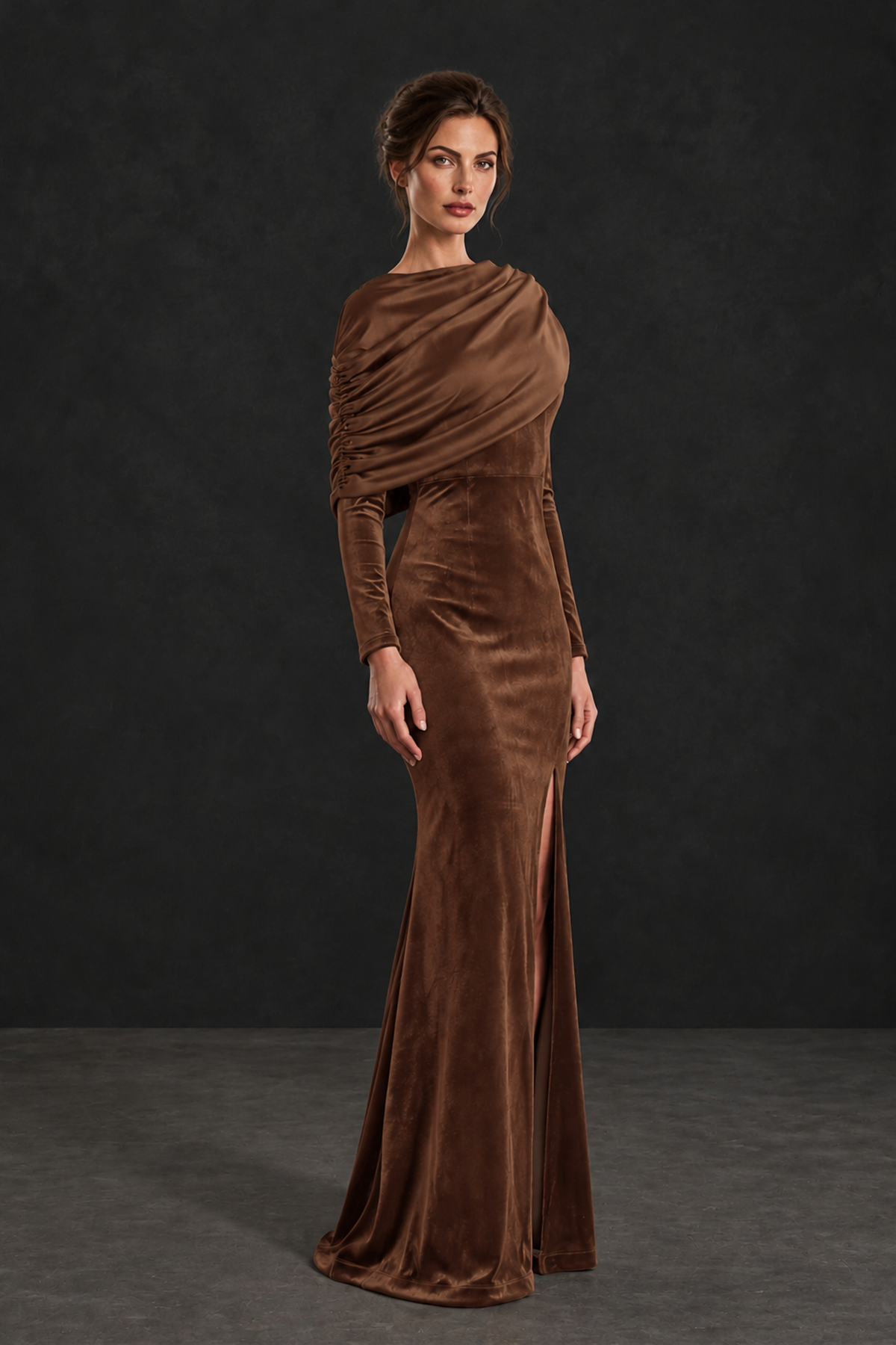 BOLODOO Brown Velvet Long Sleeve Draped Mother of the Bride Dress - Brown - Brown_3