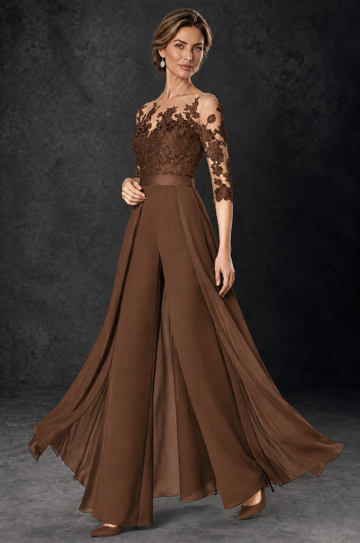 BOLODOO Brown Lace Wide-Leg Jumpsuit with Three-Quarter Sleeves - Brown - Brown_3