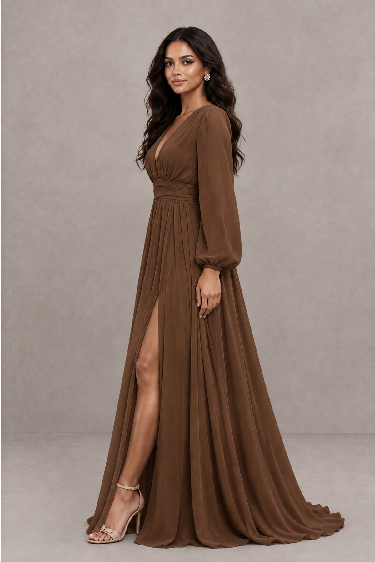 BOLODOO Brown Long Sleeve V-Neck A-Line Gown with Open Back & Slit - Brown - Brown_3