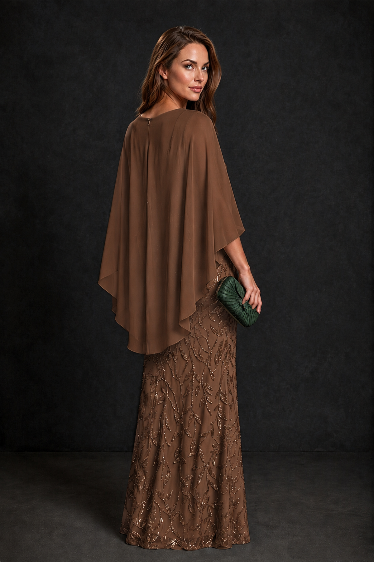 BOLODOO Brown Round Neck Chiffon Cape Overlay Sequin Lace Mermaid Maxi Dress - Brown - Brown_3