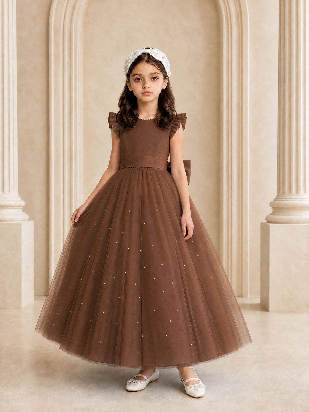 BOLODOO Brown Tulle Flower Girl Dress with Ruffle Sleeves & Bow Back - Brown - Brown_3