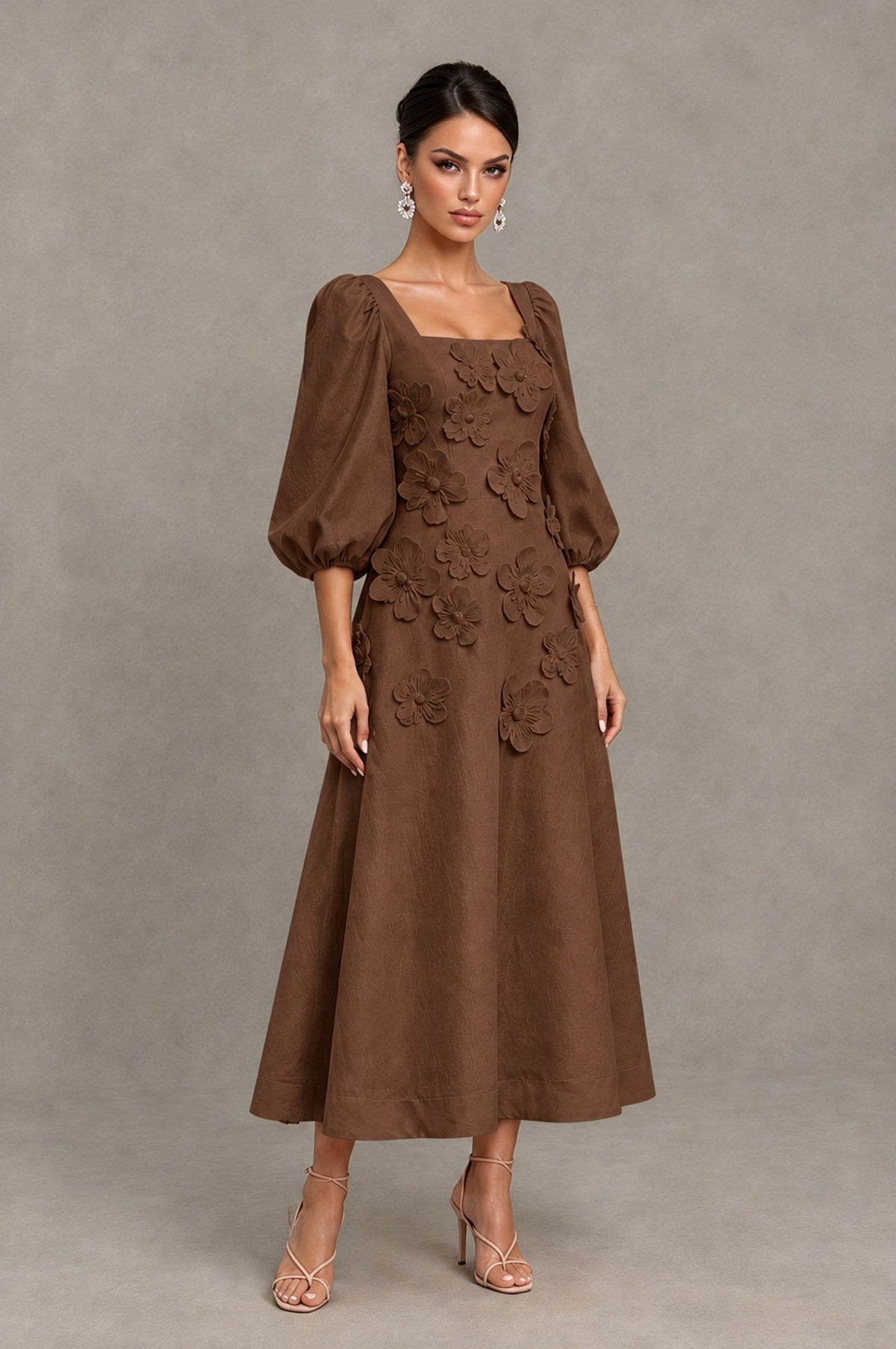 BOLODOO Brown 3D Floral Puff Sleeve Midi Cocktail Dress - Brown - Brown_3