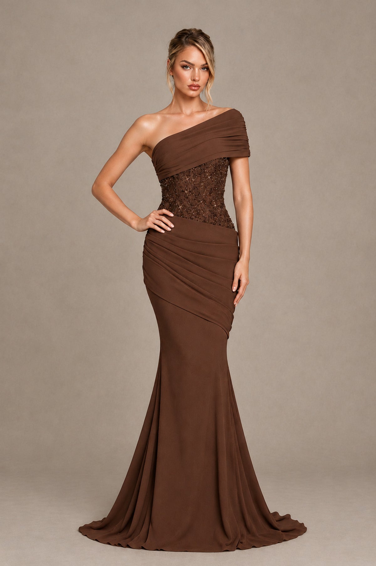 BOLODOO Brown One-Shoulder Sequin Embroidered Ruched Mermaid Gown with Train - Brown - Brown_3