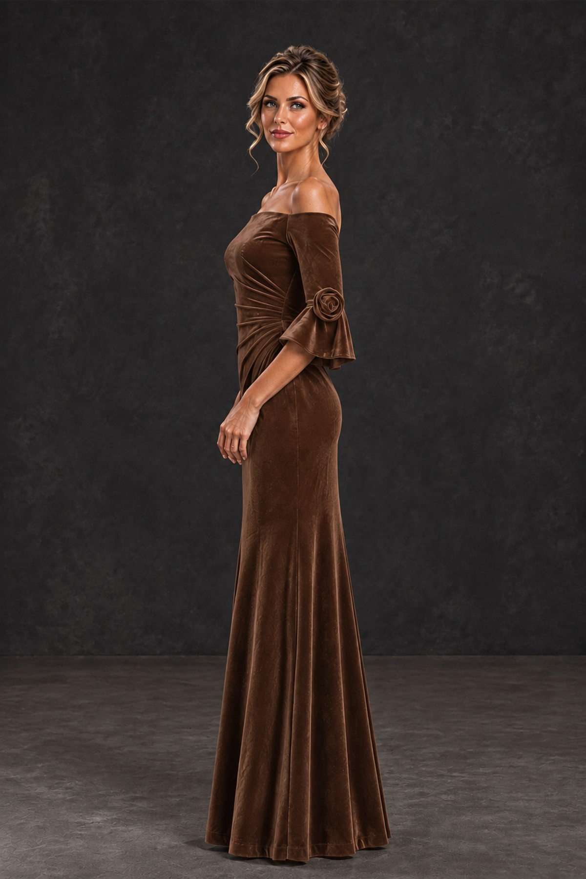 BOLODOO Brown Velvet Off-Shoulder Mother of the Bride Dress – 3/4 Floral Cuff Sleeve Mermaid Evening Gown - Brown - Brown_3