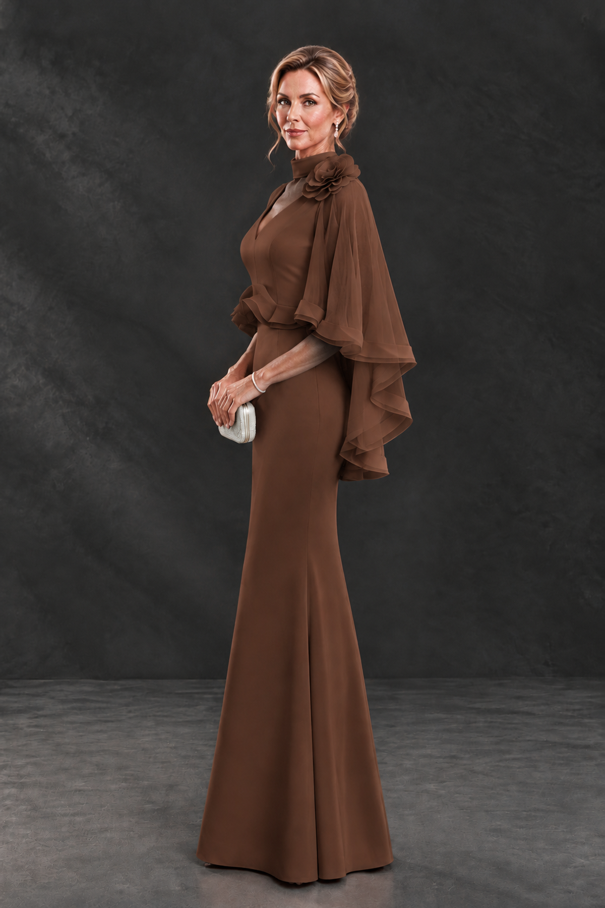 BOLODOO Brown Floral Cape Sleeve Mother of the Bride Dress - Brown - Brown_3