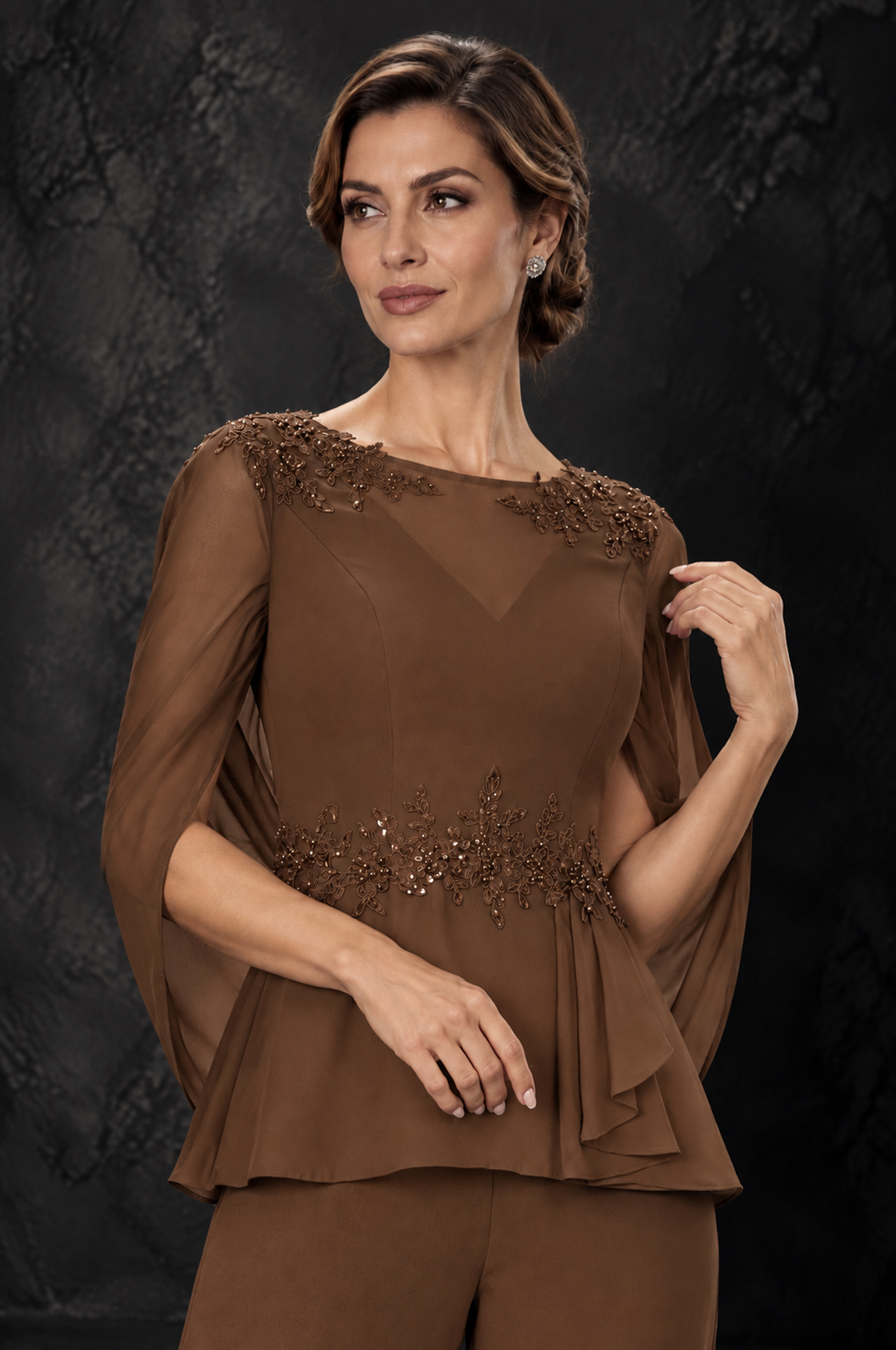 BOLODOO Brown Embellished Cape Sleeve Mother of the Bride Pantsuit - Brown - Brown_3