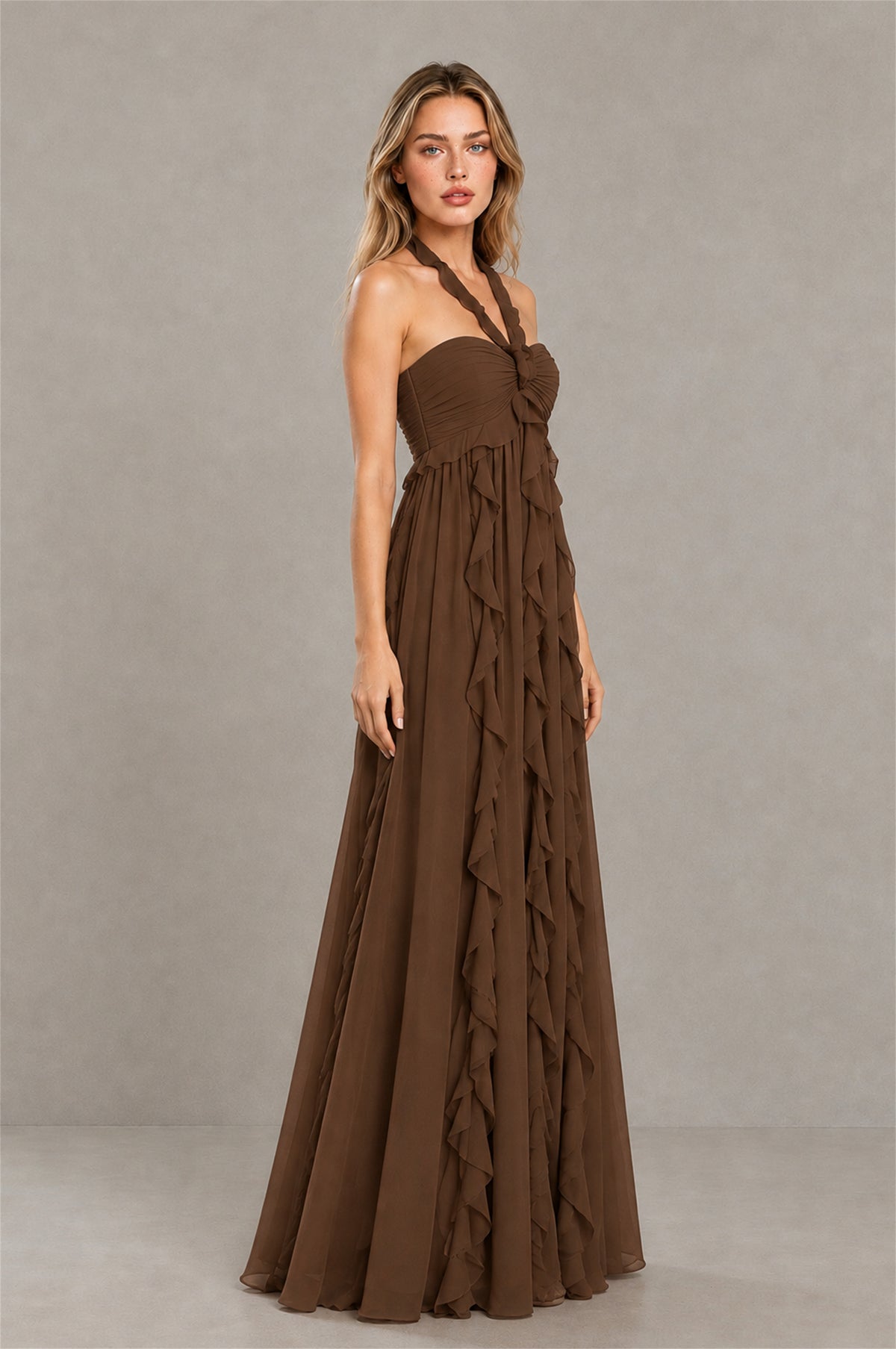 BOLODOO Brown Halter Ruffle A-Line Floor-Length Evening Dress - Brown - Brown_3