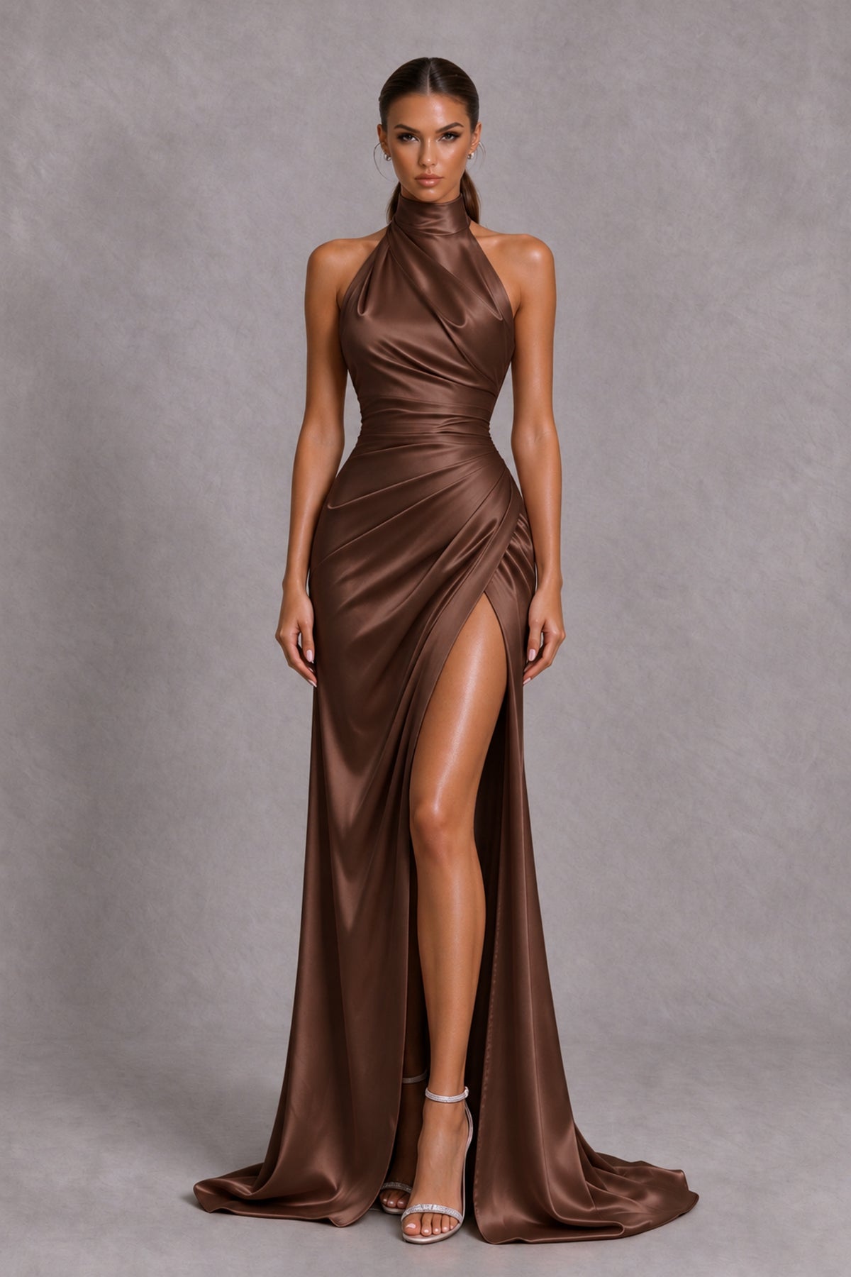 BOLODOO Brown Halter Satin-Look Evening Gown with High Slit - Brown - Brown_3