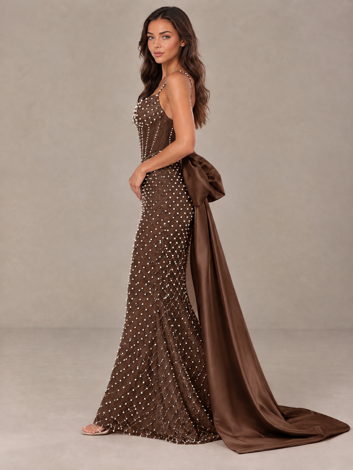 BOLODOO Brown Beaded Corset Prom Dress with Bow Train - Brown - Brown_3