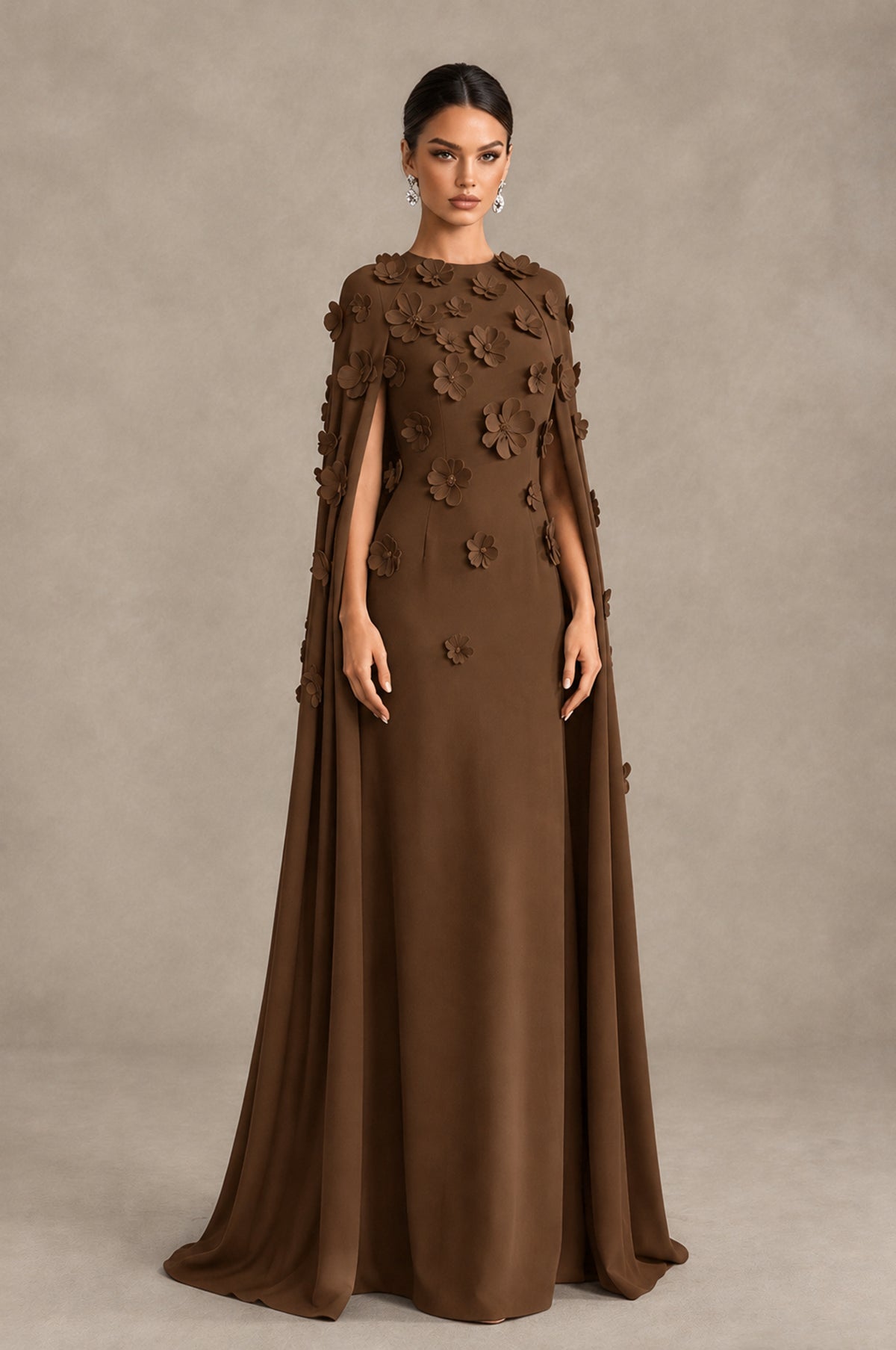 BOLODOO Brown 3D Floral Applique Cape Formal Dress - Brown - Brown_3