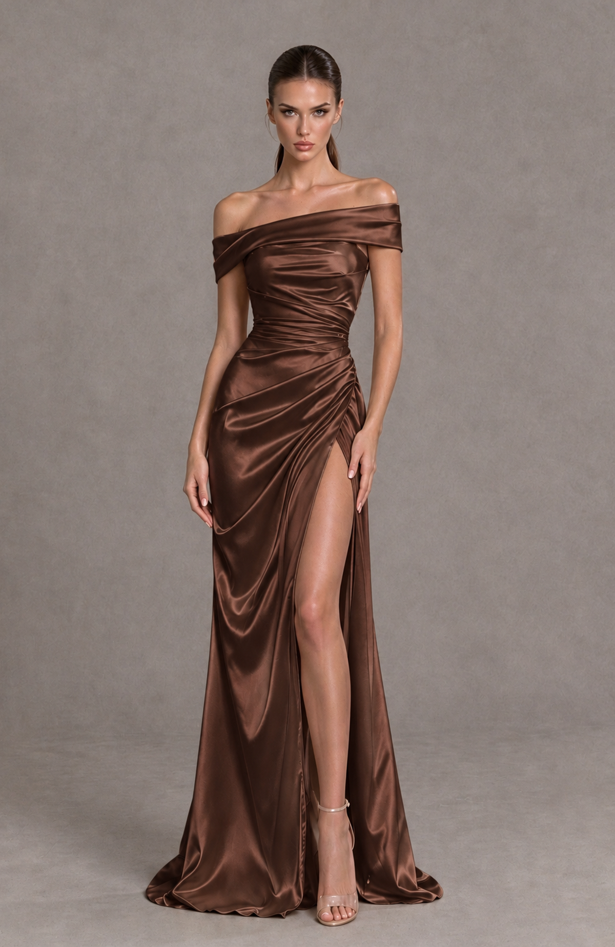 BOLODOO Brown Off-the-Shoulder Ruched Satin Prom & Evening Dress with High Slit - Brown - Brown_3