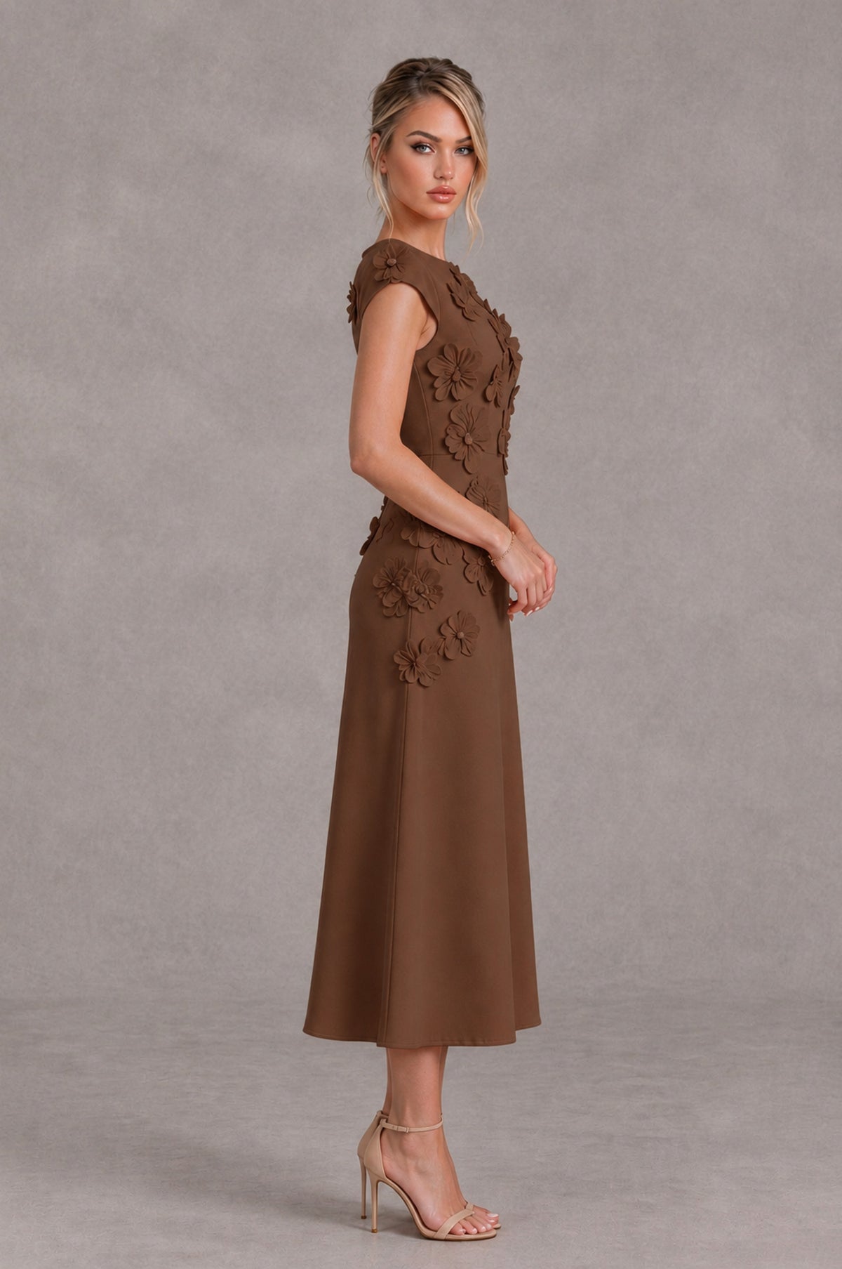 BOLODOO Brown 3D Floral Cap Sleeve Midi Cocktail Dress - Brown - Brown_3