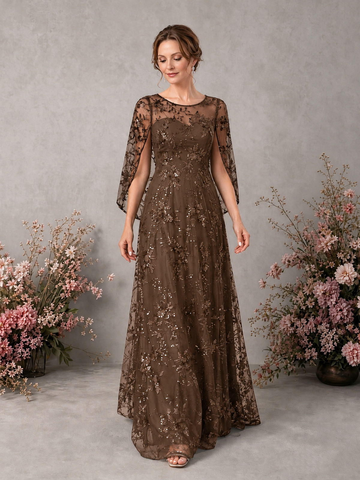 BOLODOO Brown Sequin Lace Cape Sleeve Formal Evening Gown - Brown - Brown_3