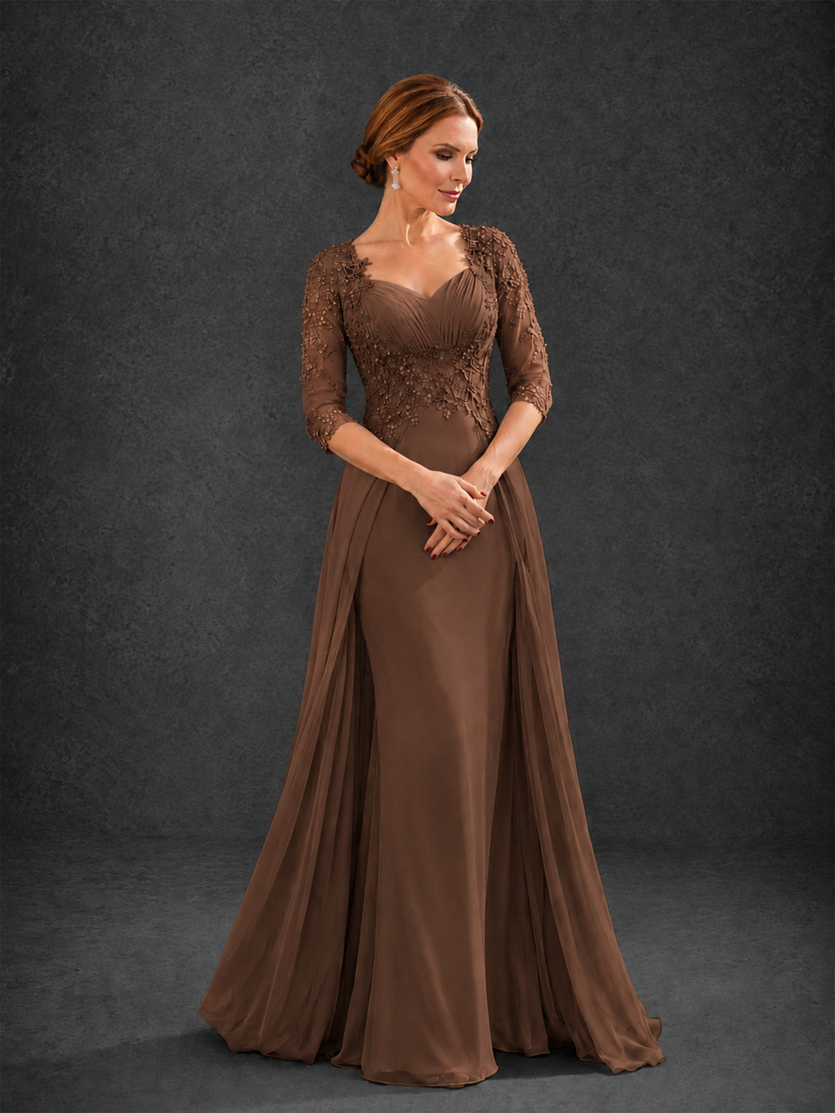 BOLODOO Brown Sweetheart Neck 3/4 Sleeve Floral Lace Illusion Bodice Chiffon A-Line Gown - Brown - Brown_3