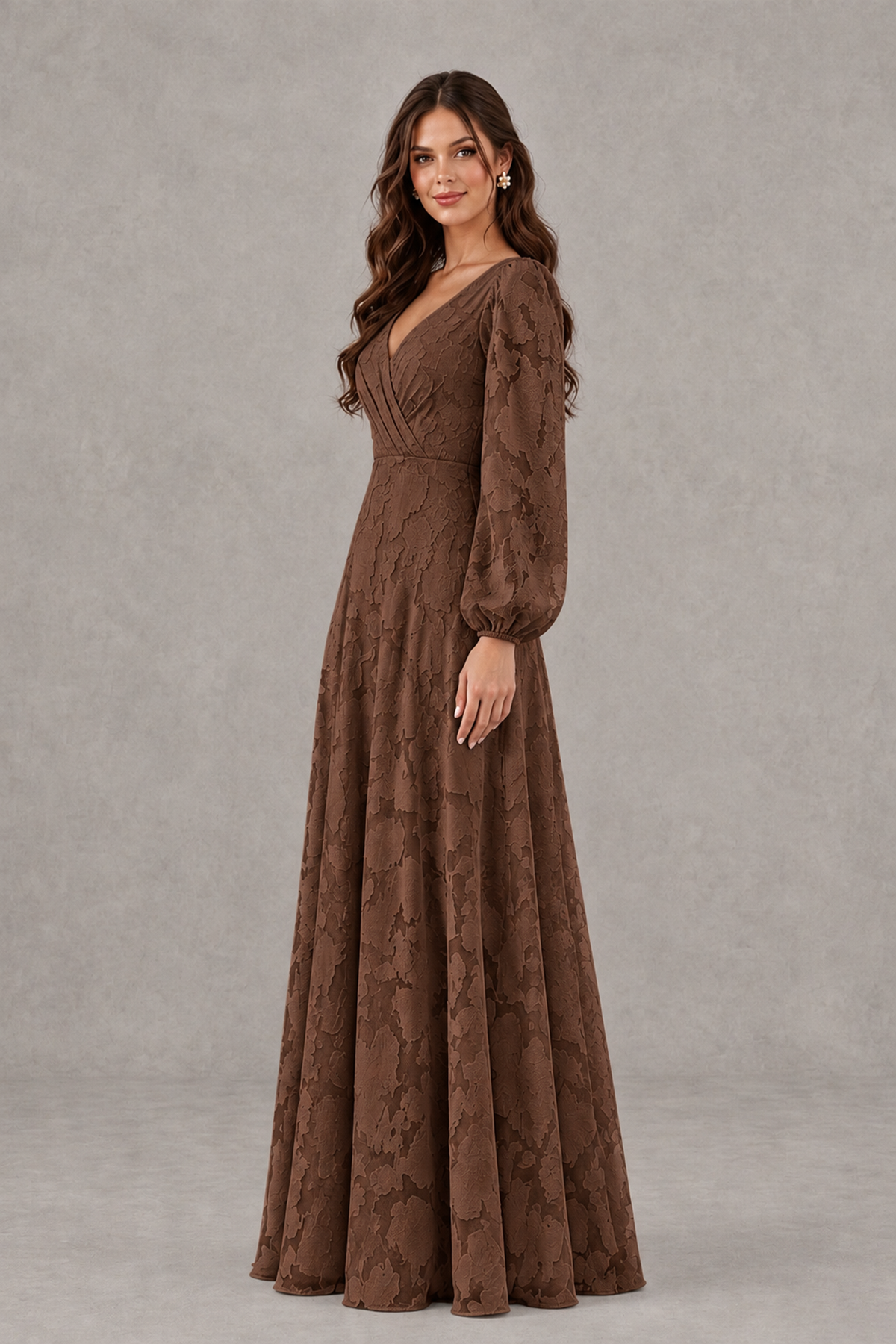 BOLODOO Brown Long Sleeve V-Neck A-Line Mother of the Bride Dress - Brown - Brown_3