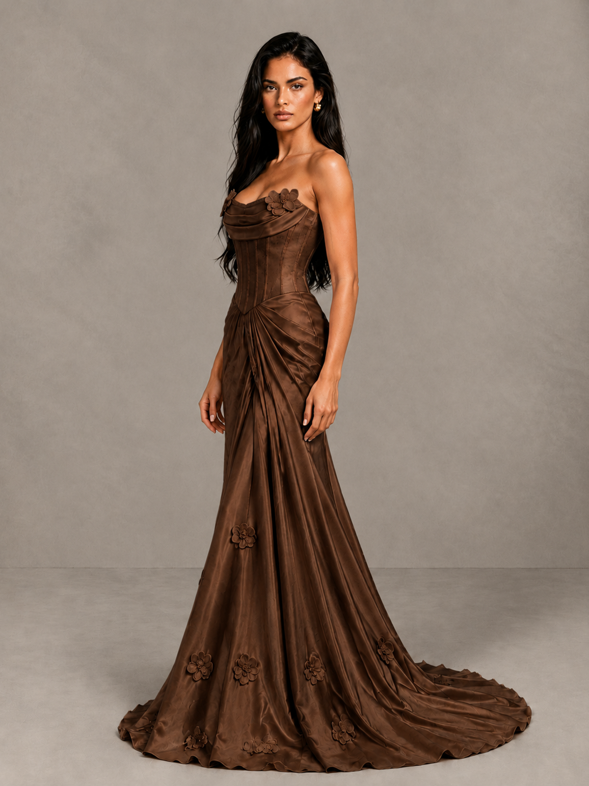 BOLODOO Brown Strapless Floral Corset Evening Gown with Train - Brown - Brown_3