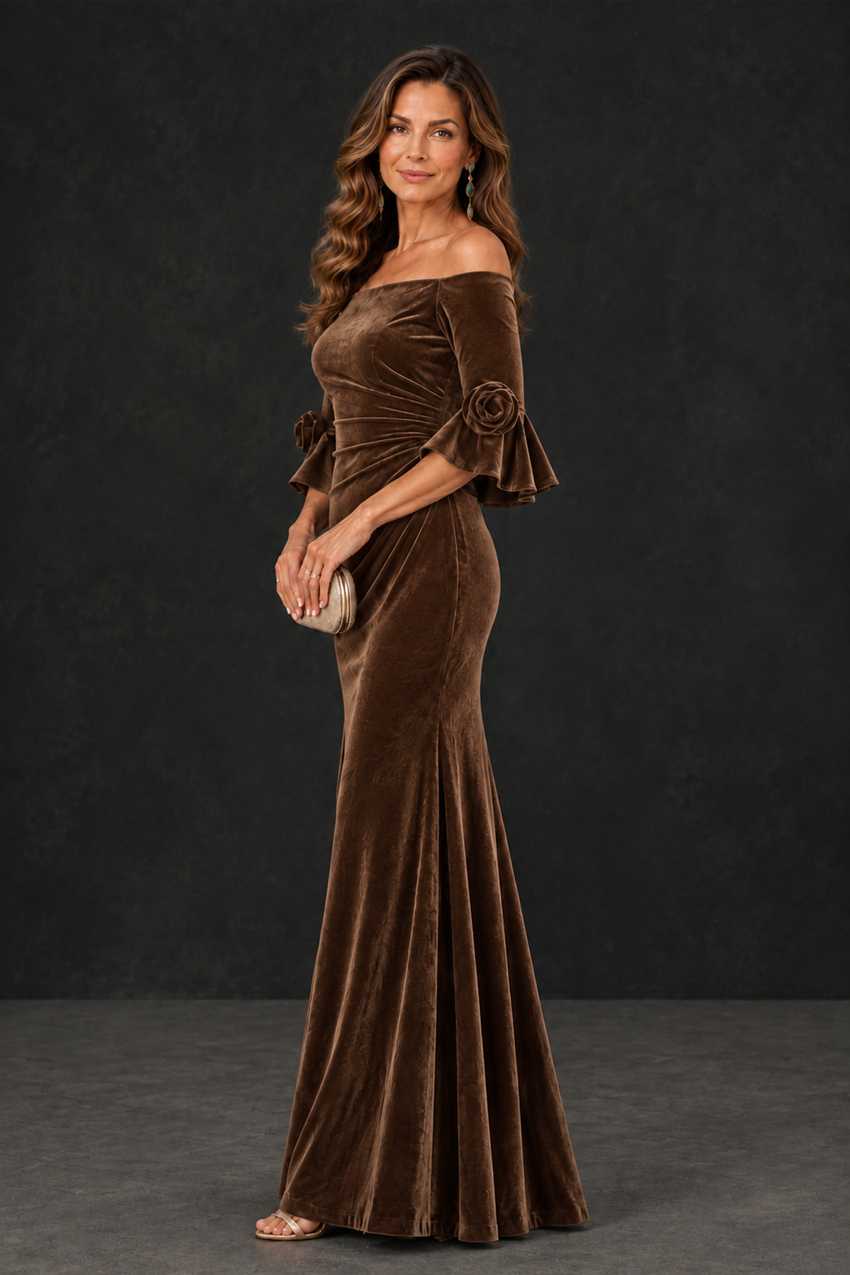 BOLODOO Brown Velvet Mother of the Bride Dress with Rosette Sleeves - Brown - Brown_3