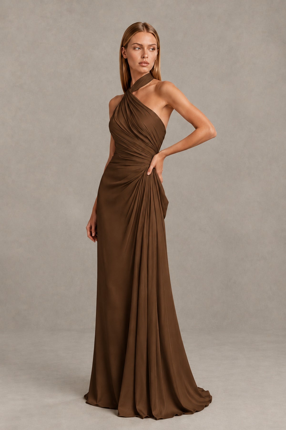 BOLODOO Brown Twisted Halter Neck Ruched Sleeveless Open Back Floor-Length Gown - Brown - Brown_3
