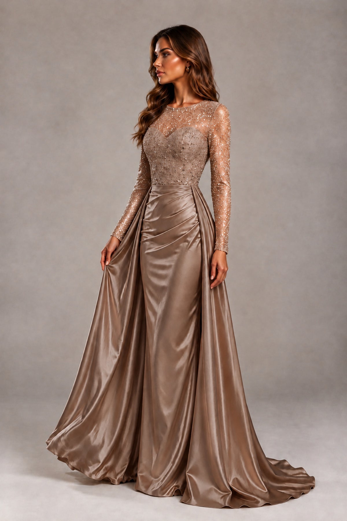 BOLODOO Brown Long Sleeve Embellished Satin Evening Gown with Sweep Train - Brown - Brown_3