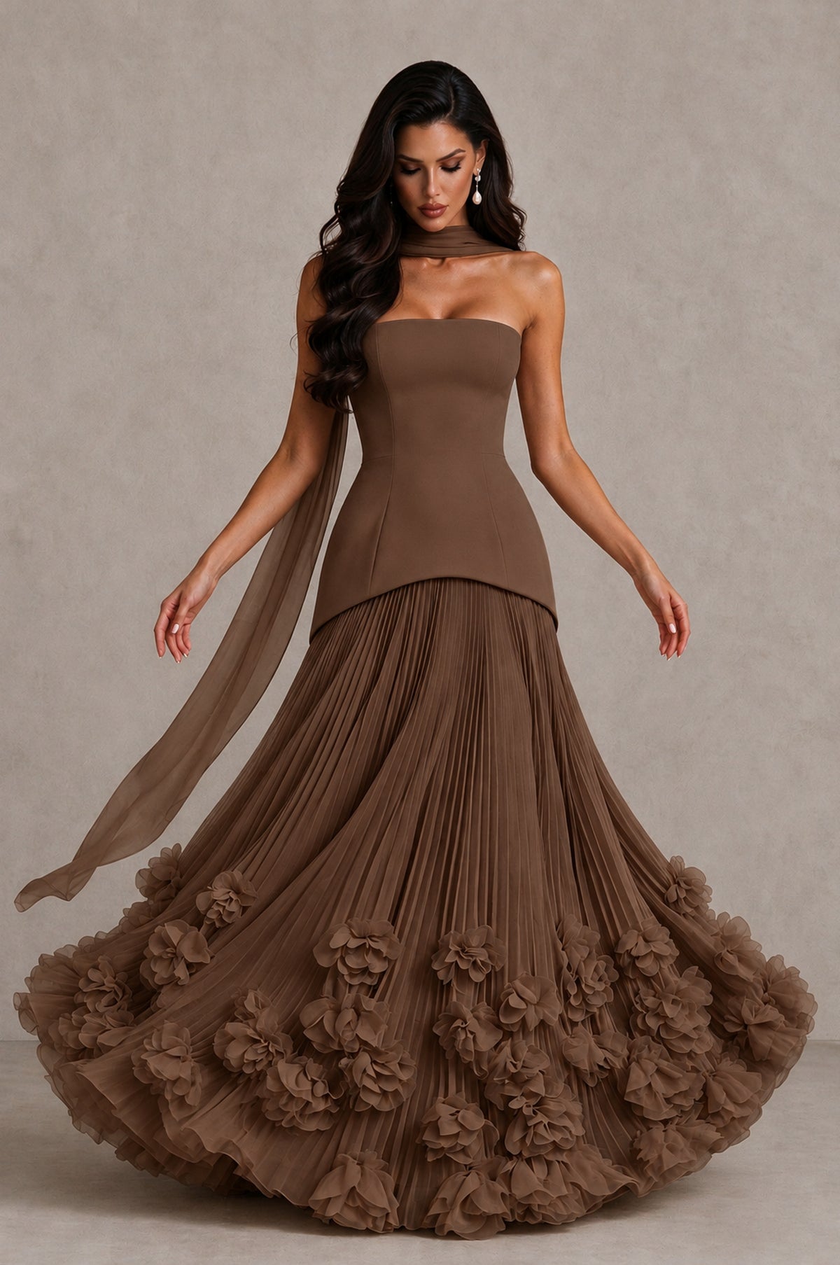 BOLODOO Brown Strapless Pleated Floral Hem Evening Gown - Brown - Brown_3
