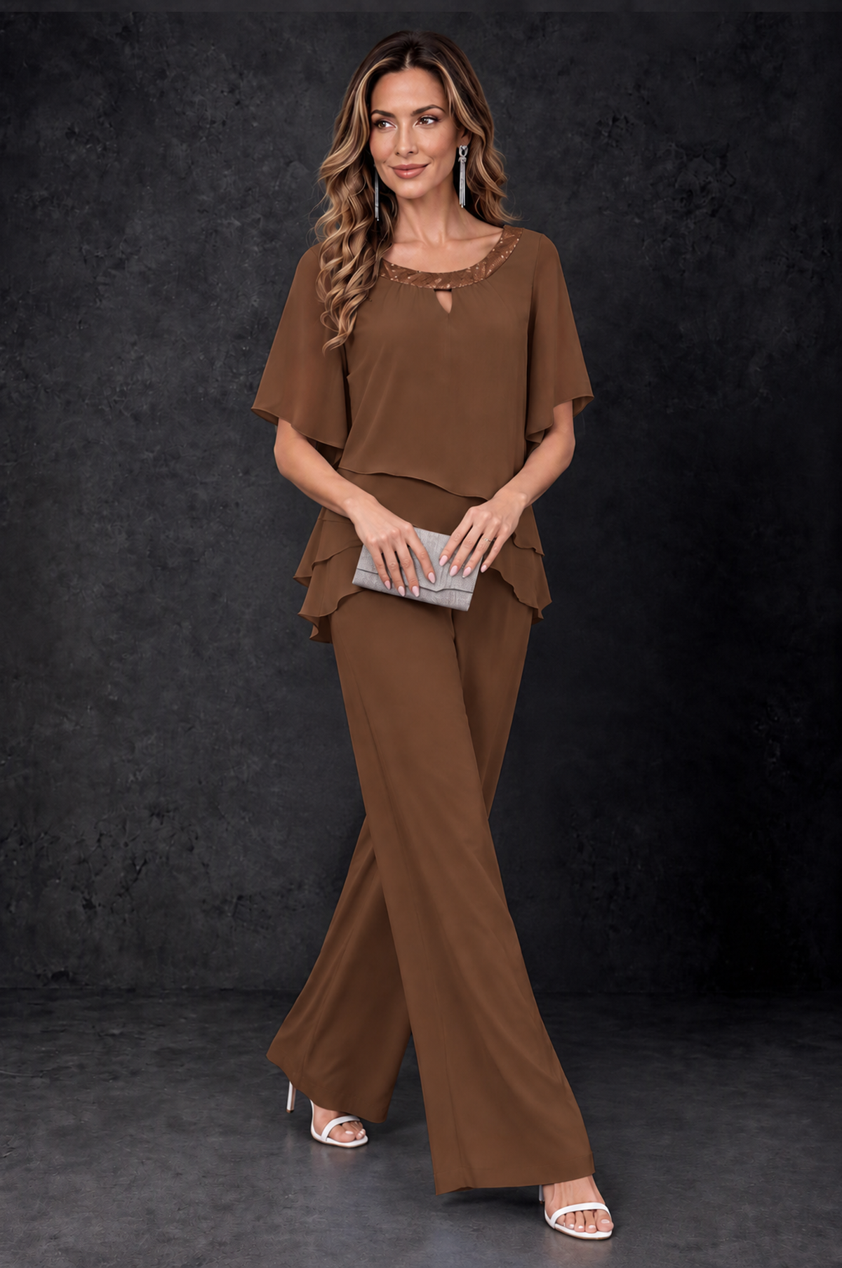BOLODOO Brown Layered Chiffon-Look Mother of the Bride Pantsuit - Brown - Brown_3